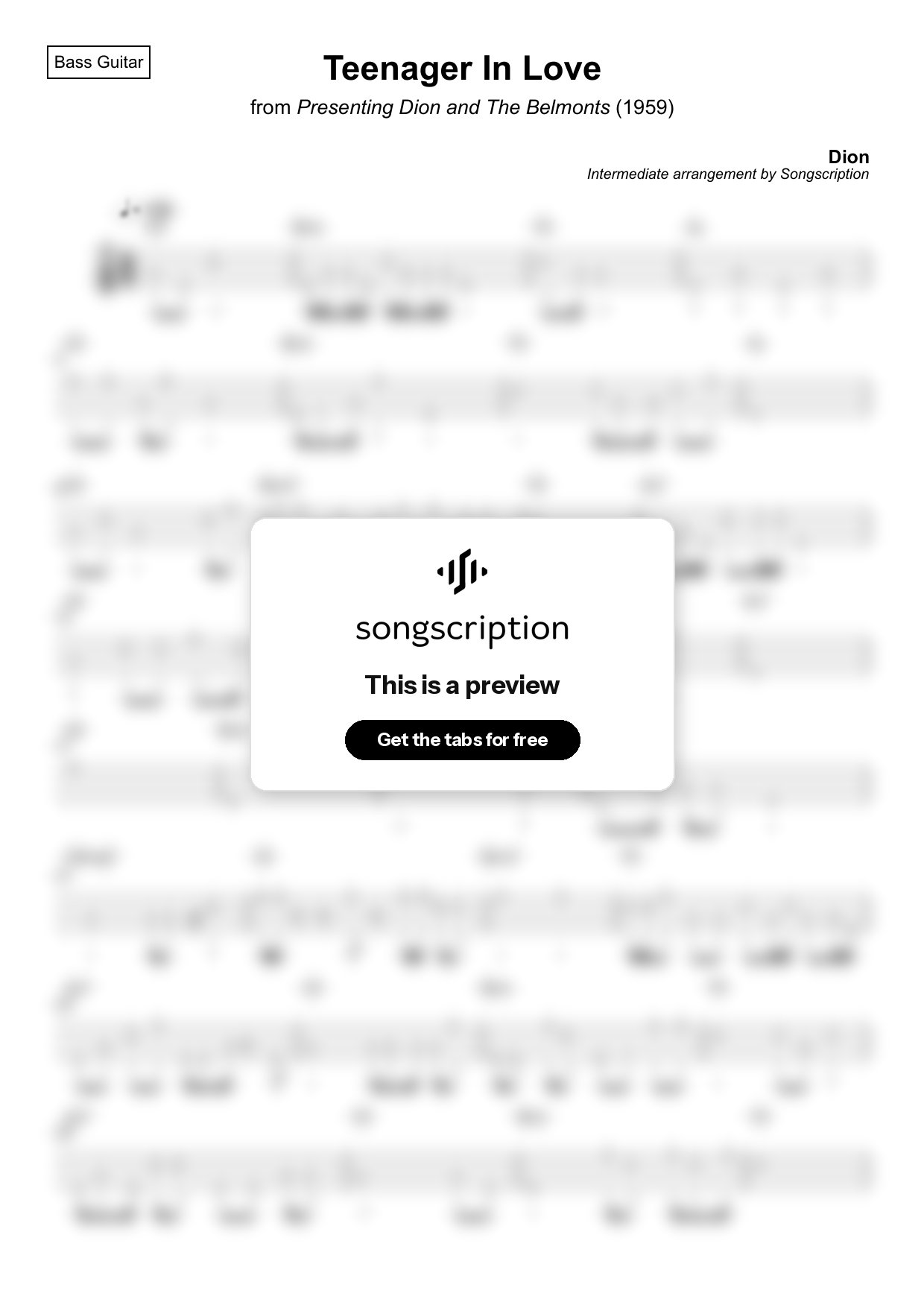 Intermediate Bass Guitar Tabs for "Teenager In Love" by Dion