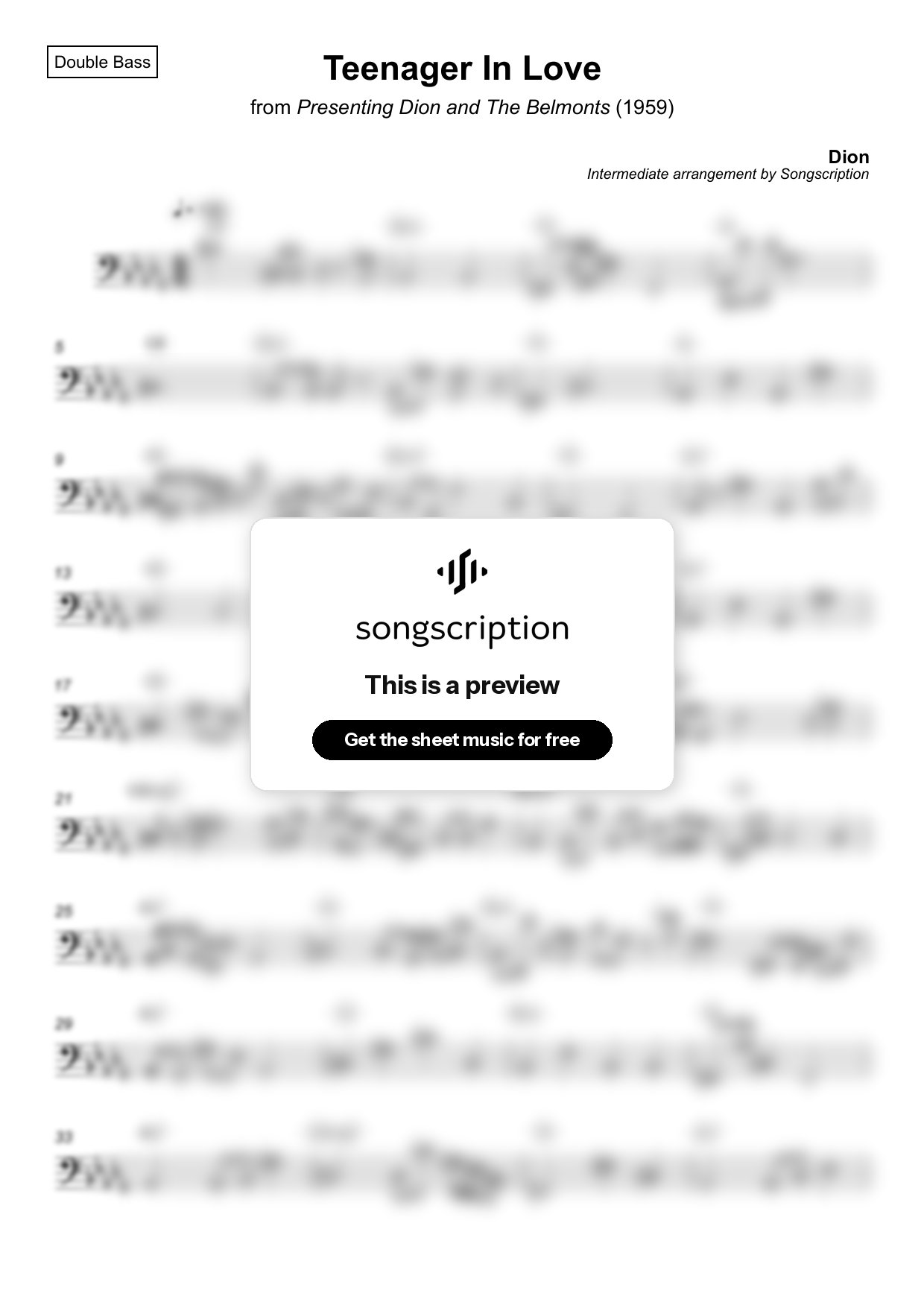 Intermediate Double Bass Sheet Music for "Teenager In Love" by Dion
