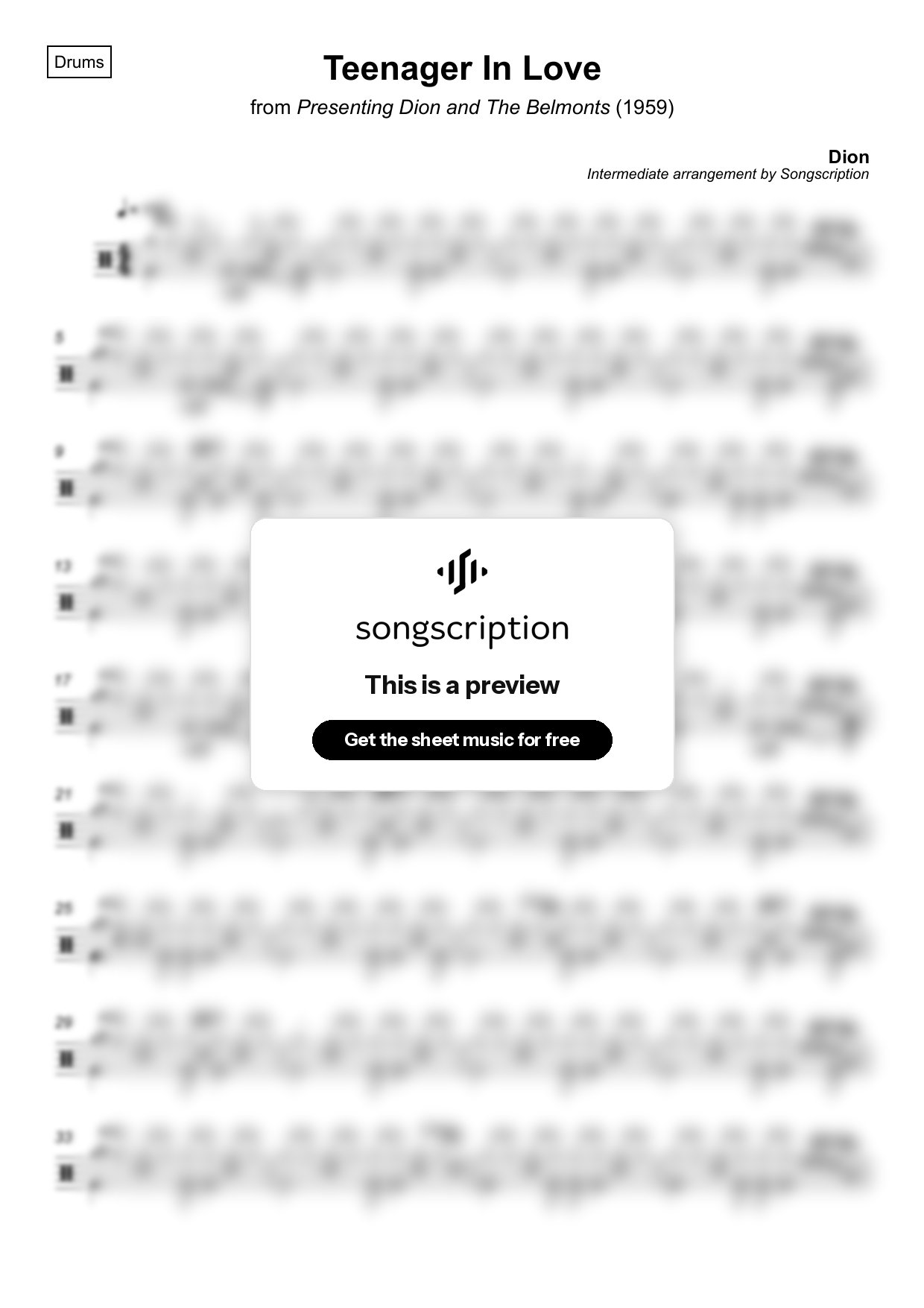 Intermediate Drums Sheet Music for "Teenager In Love" by Dion