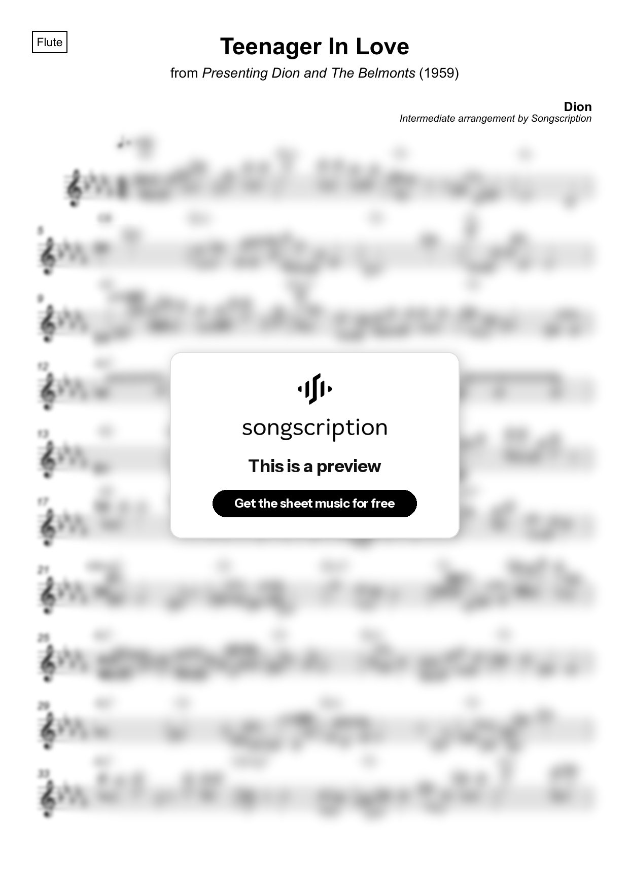Intermediate Flute Sheet Music for "Teenager In Love" by Dion