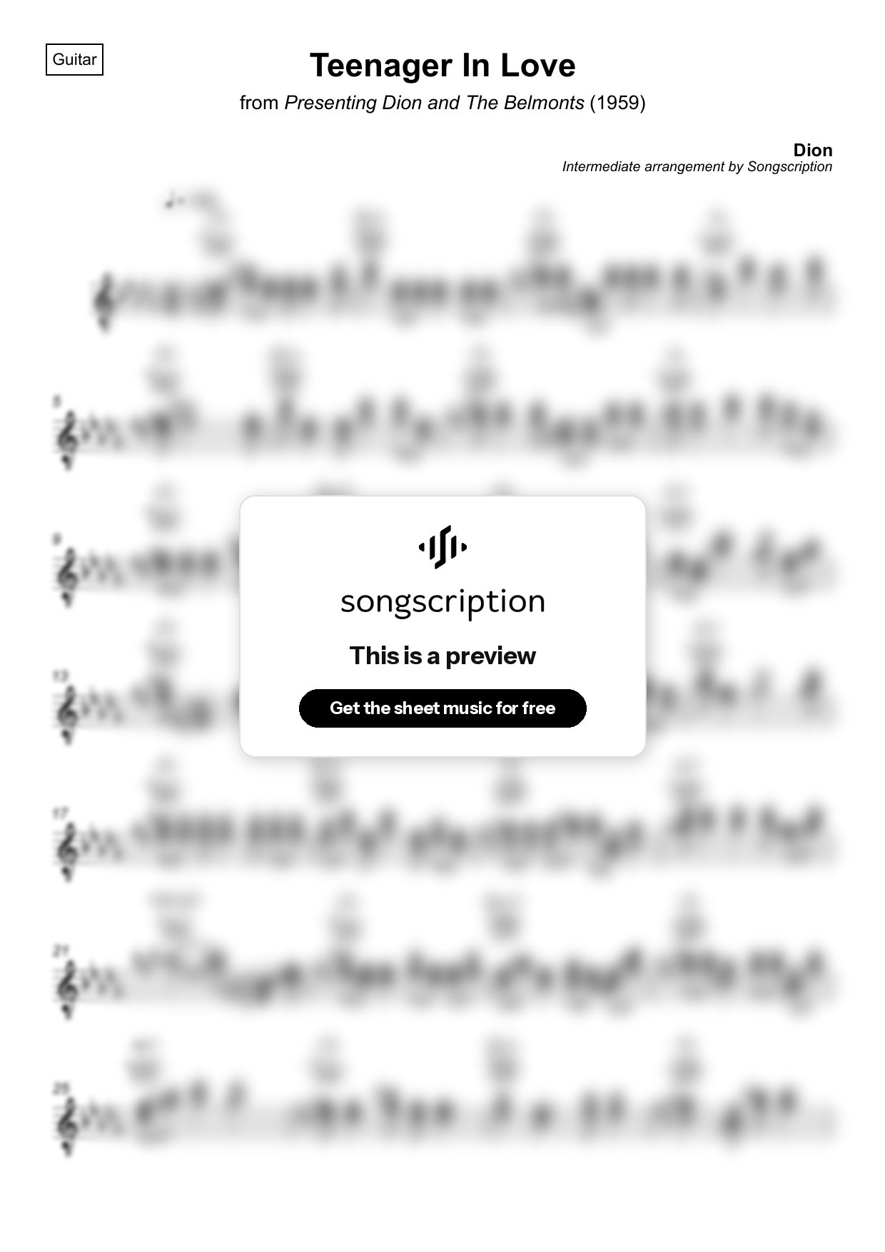 Intermediate Acoustic Guitar Sheet Music for "Teenager In Love" by Dion