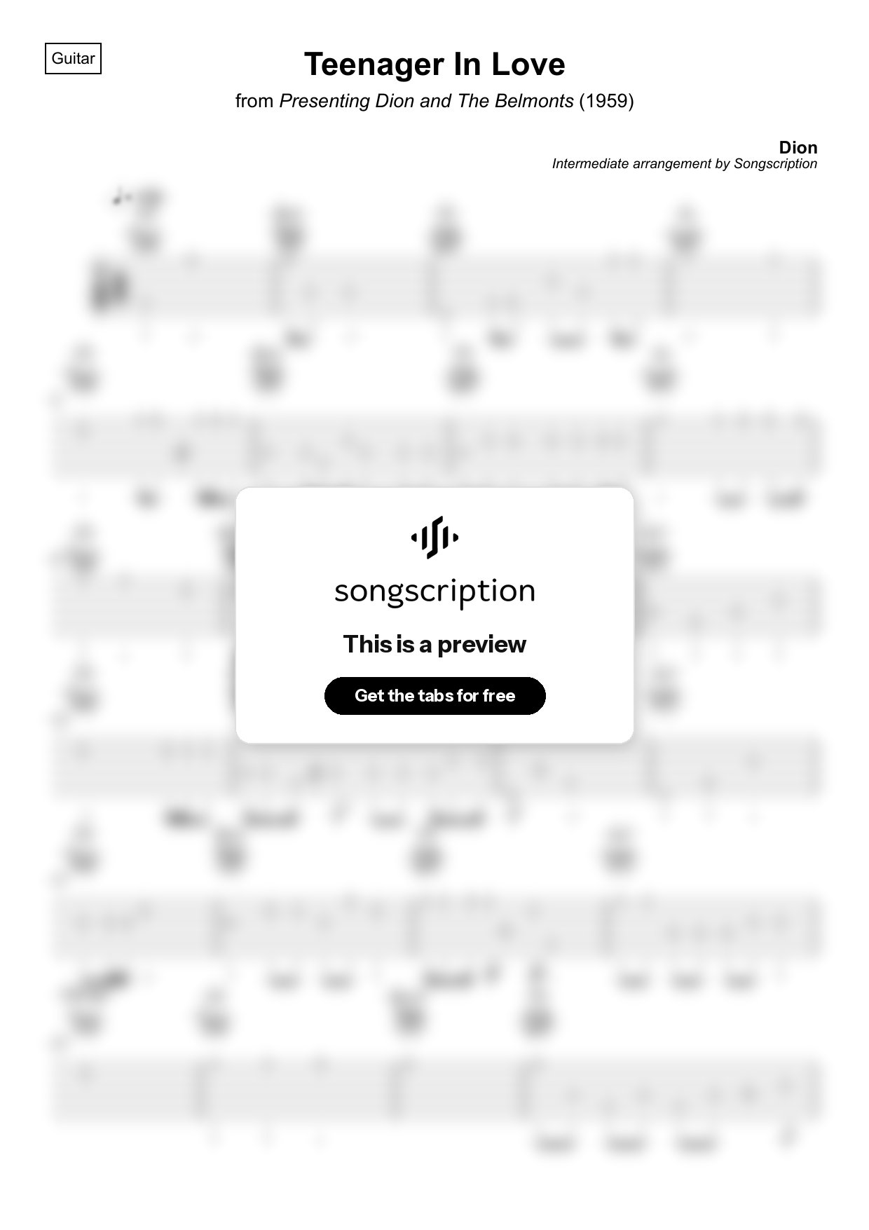 Intermediate Acoustic Guitar Tabs for "Teenager In Love" by Dion