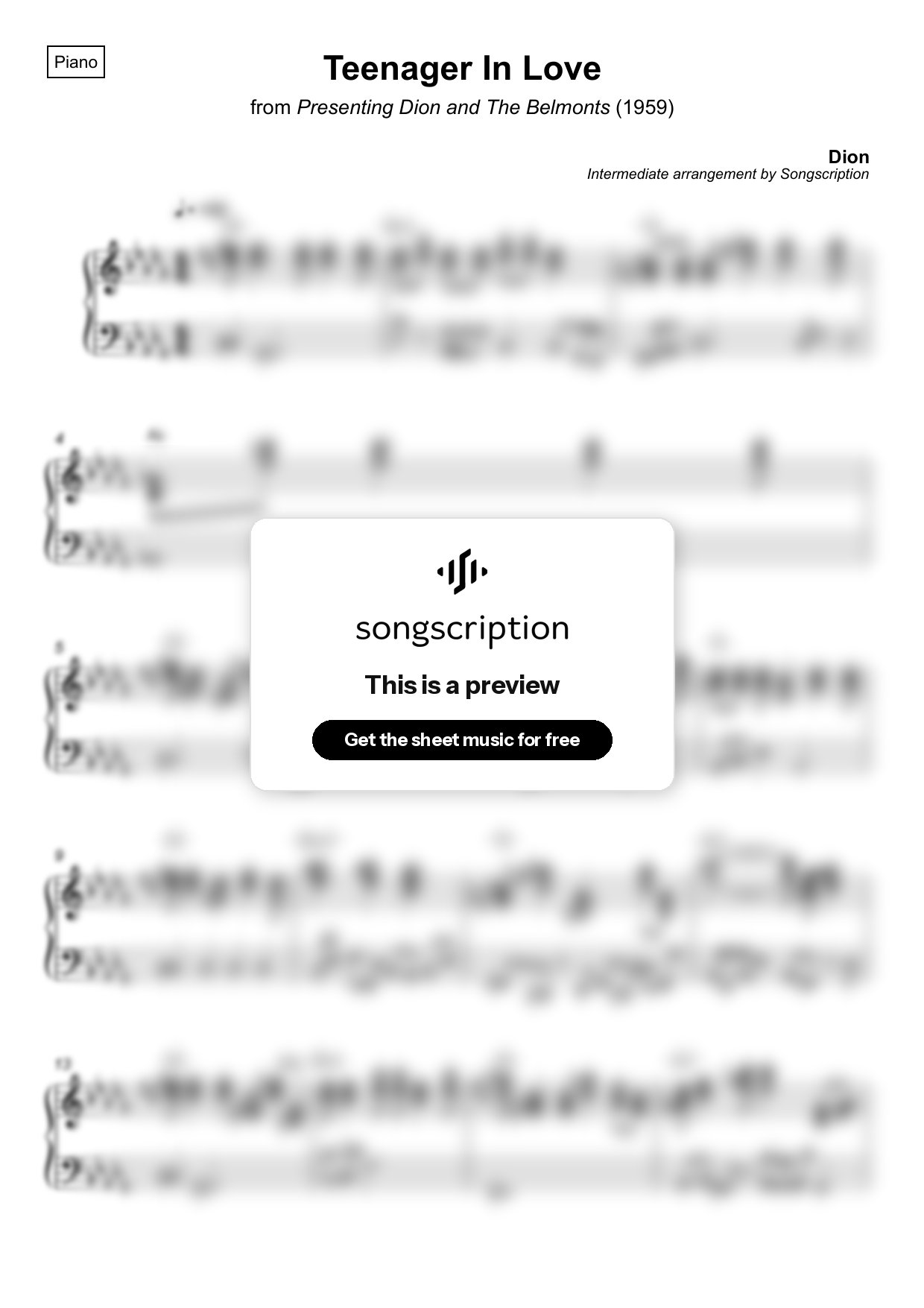 Intermediate Piano Sheet Music for "Teenager In Love" by Dion