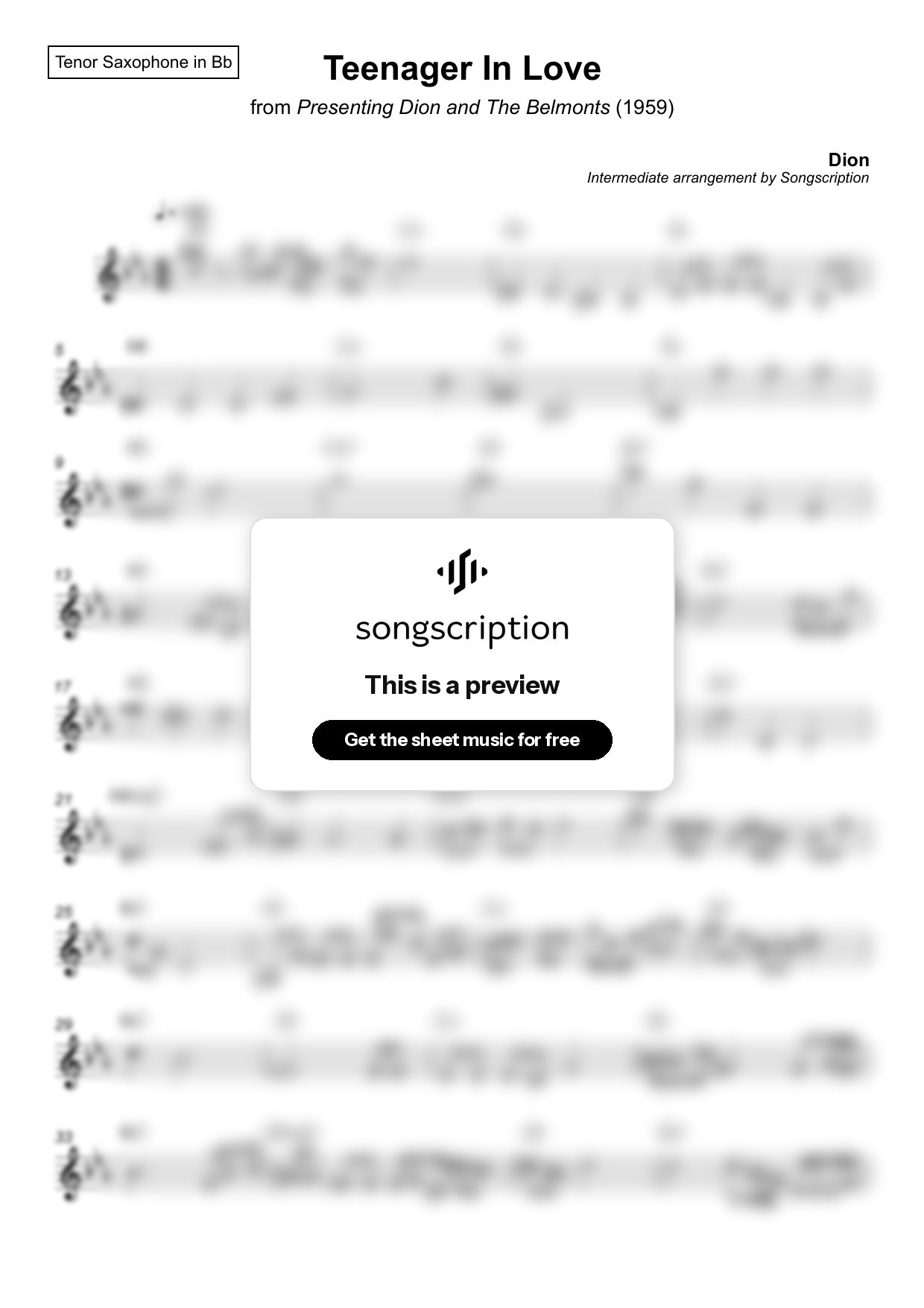 Intermediate Tenor Sax Sheet Music for "Teenager In Love" by Dion