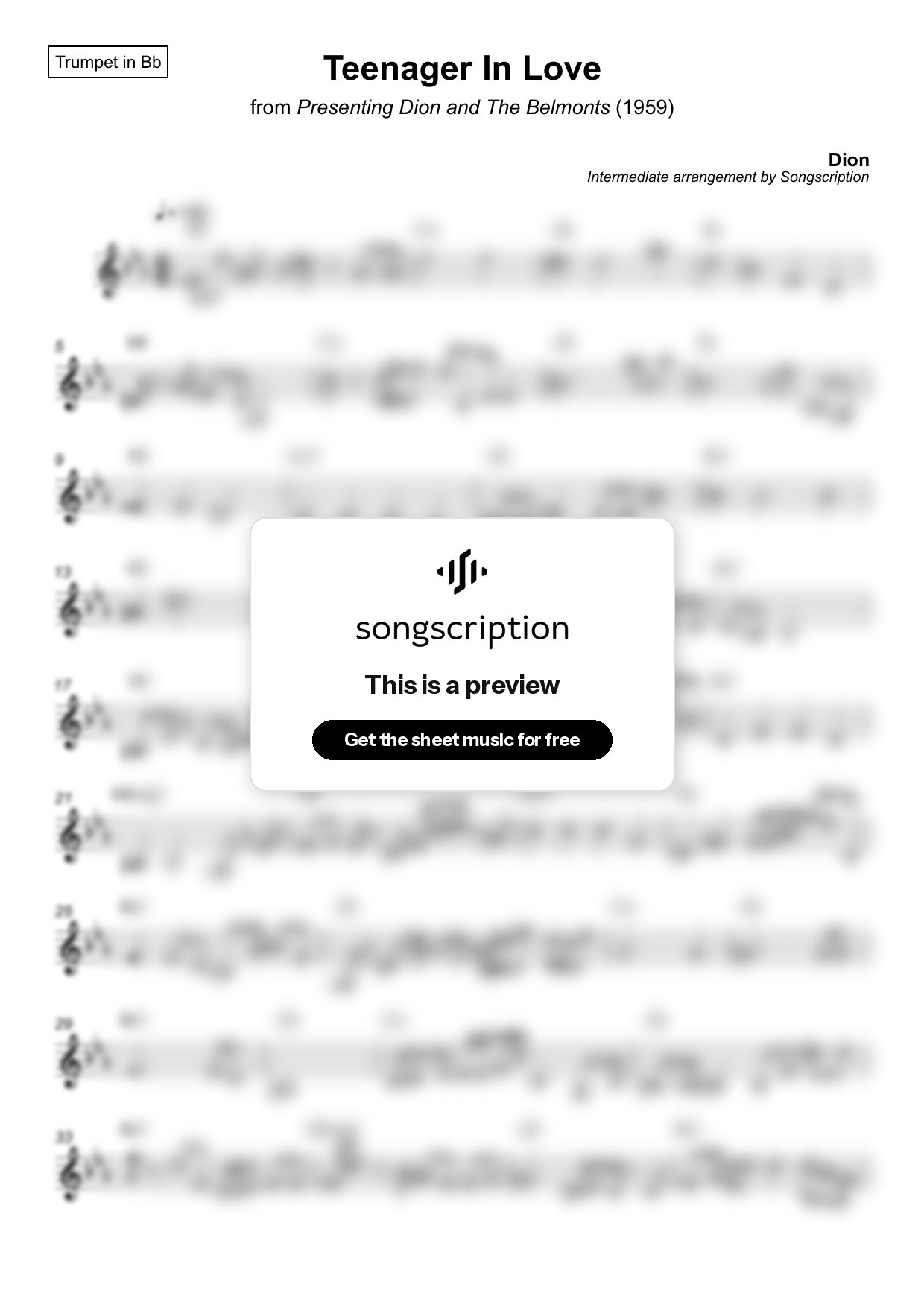 Intermediate Trumpet Sheet Music for "Teenager In Love" by Dion