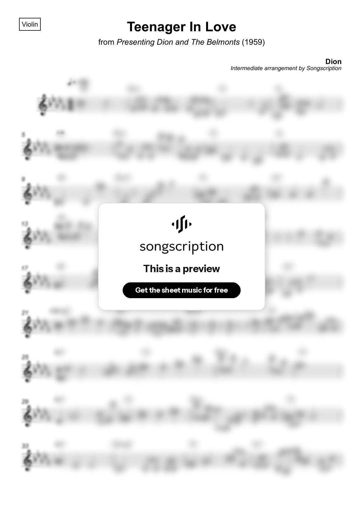 Intermediate Violin Sheet Music for "Teenager In Love" by Dion