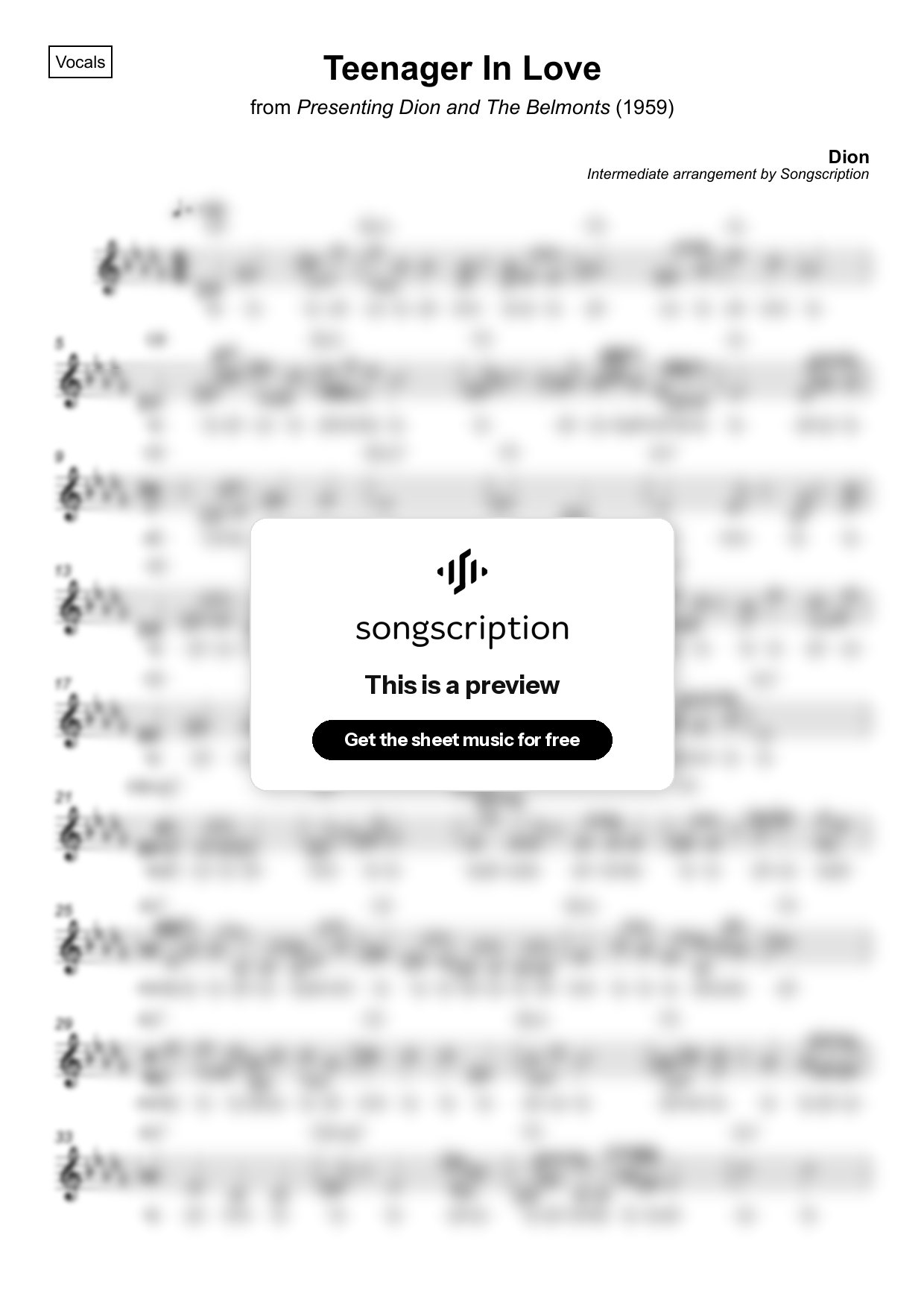 Intermediate Vocals Sheet Music for "Teenager In Love" by Dion