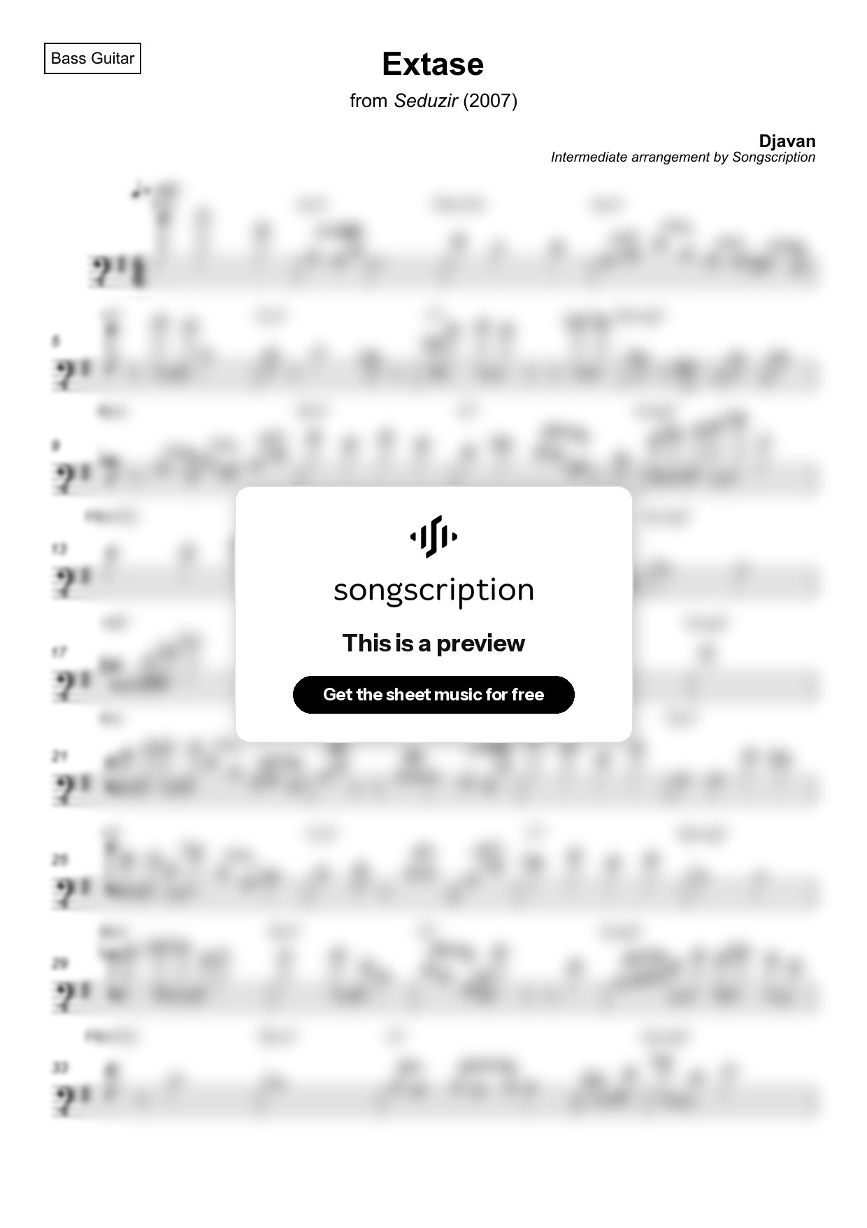 Intermediate Bass Guitar Sheet Music for "Extase" by Djavan