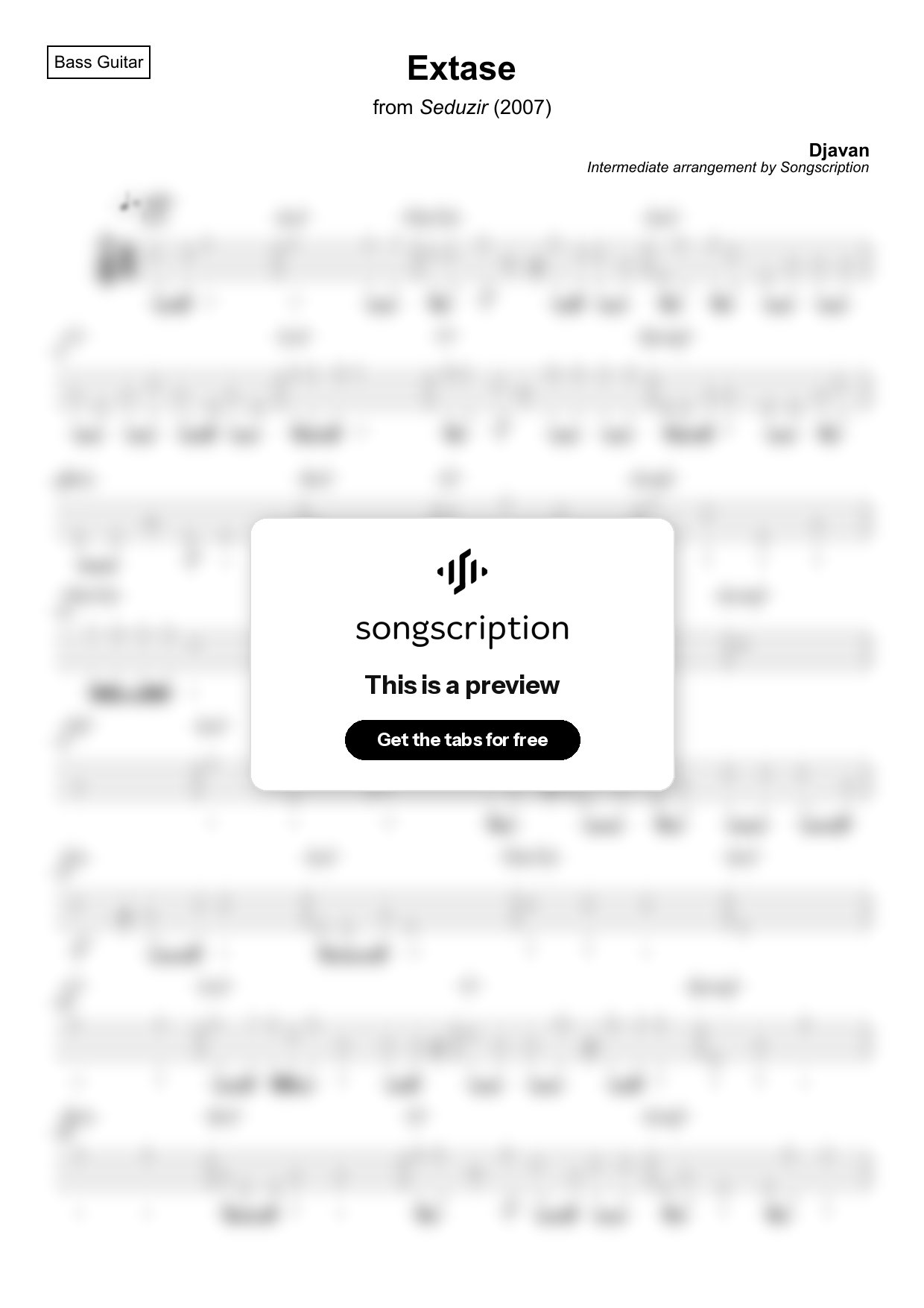 Intermediate Bass Guitar Tabs for "Extase" by Djavan