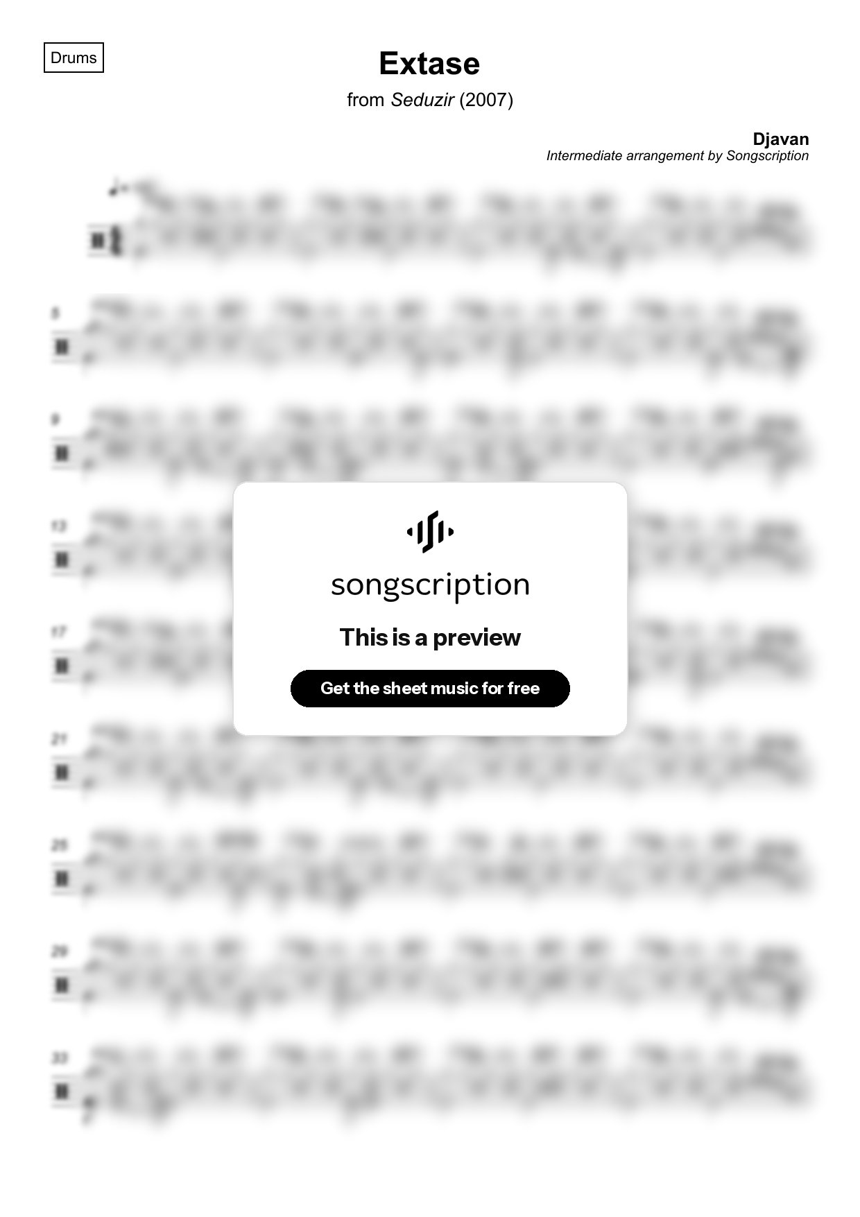 Intermediate Drums Sheet Music for "Extase" by Djavan