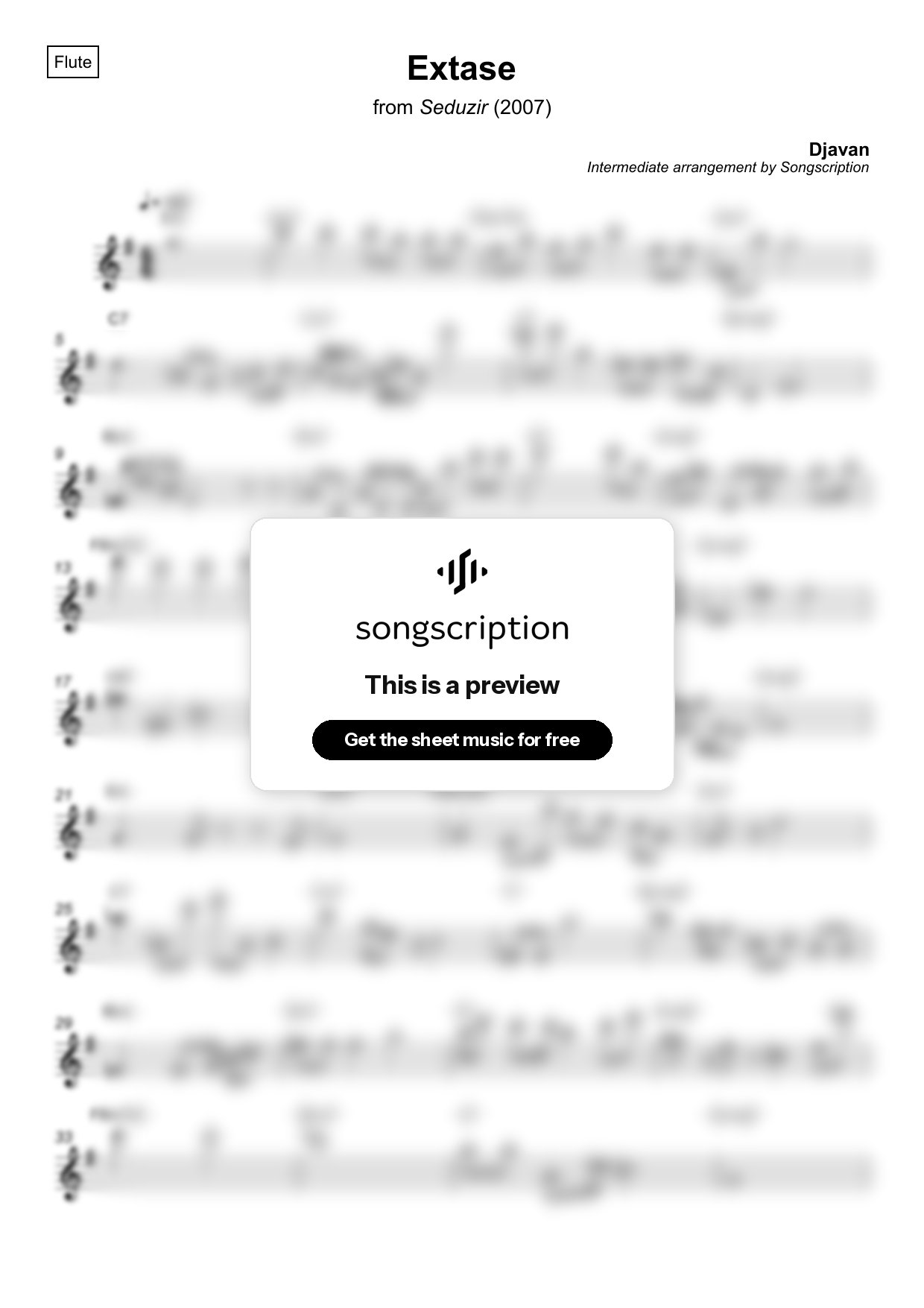 Intermediate Flute Sheet Music for "Extase" by Djavan