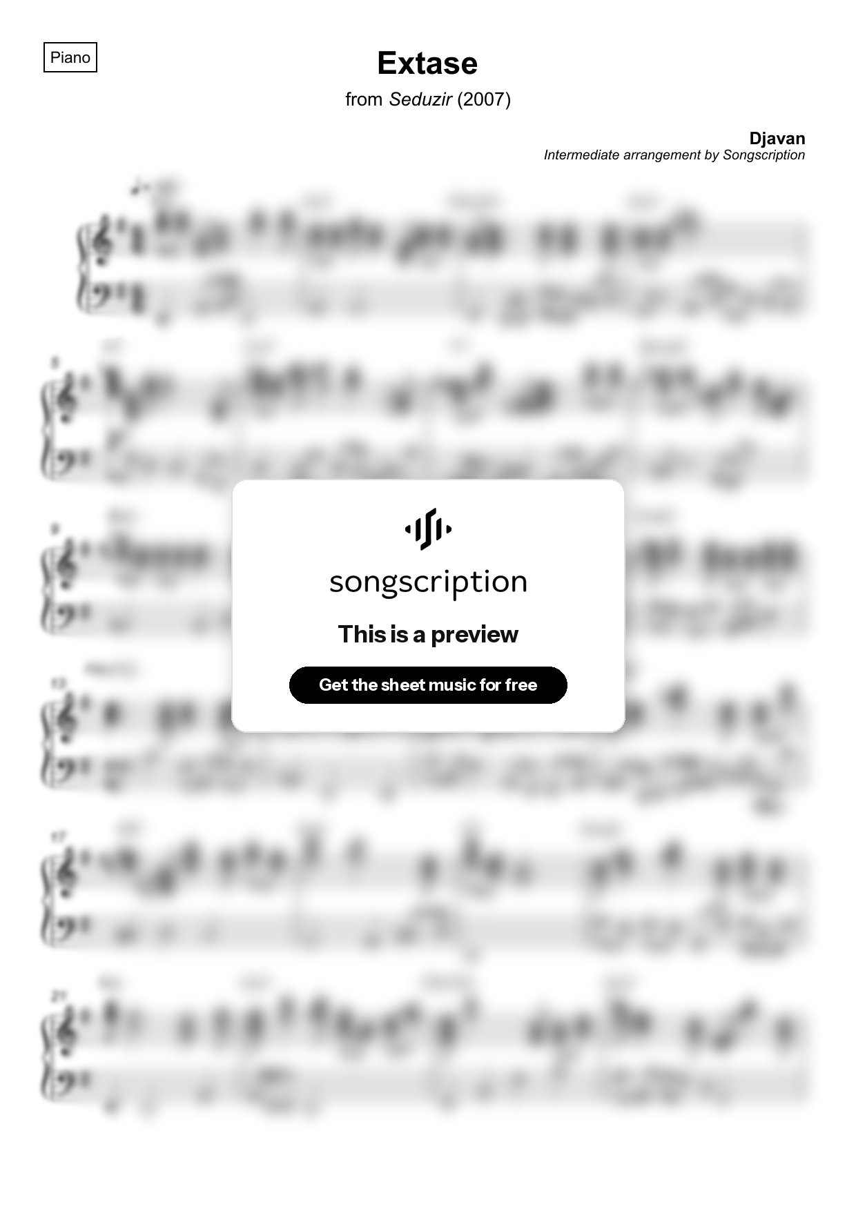 Intermediate Piano Sheet Music for "Extase" by Djavan