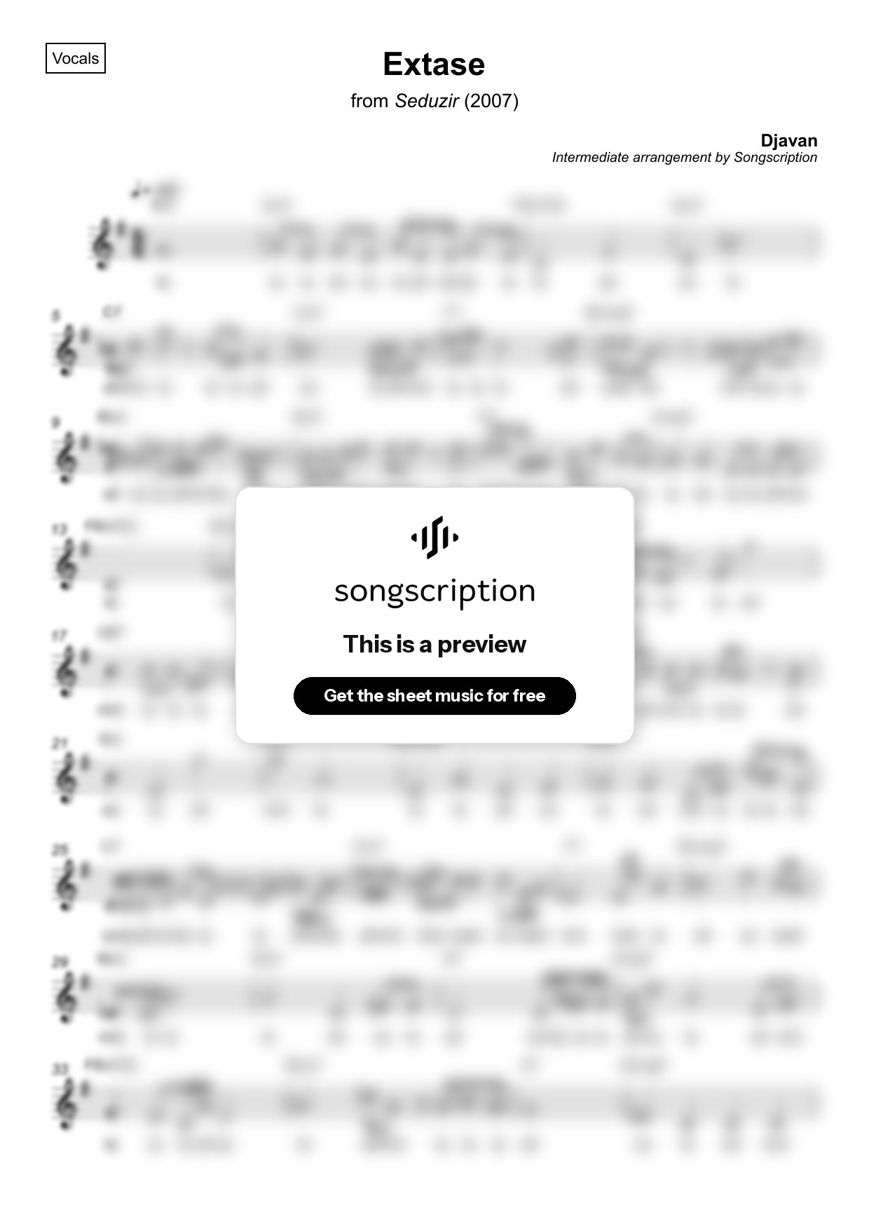 Intermediate Vocals Sheet Music for "Extase" by Djavan