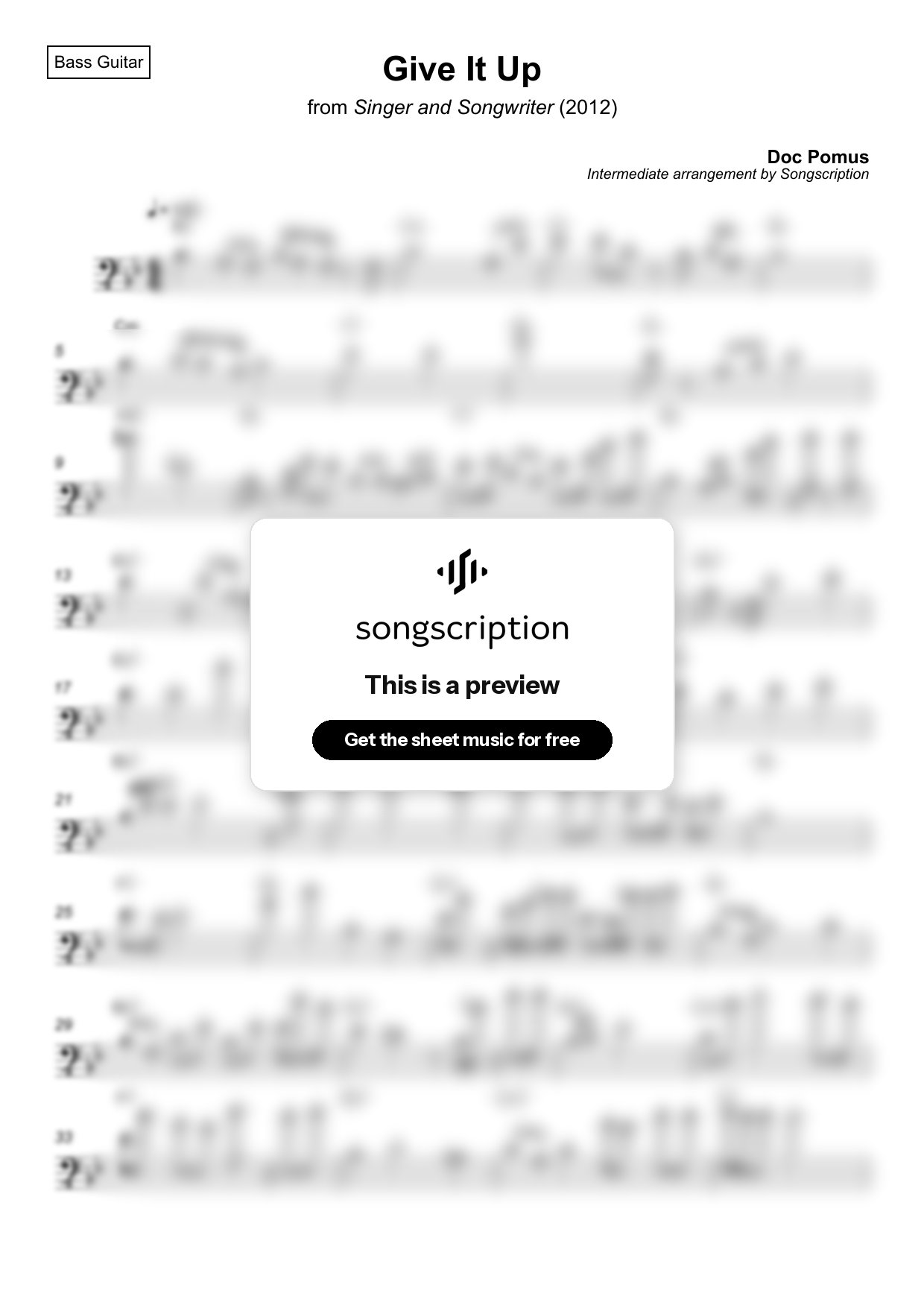 Intermediate Bass Guitar Sheet Music for "Give It Up" by Doc Pomus