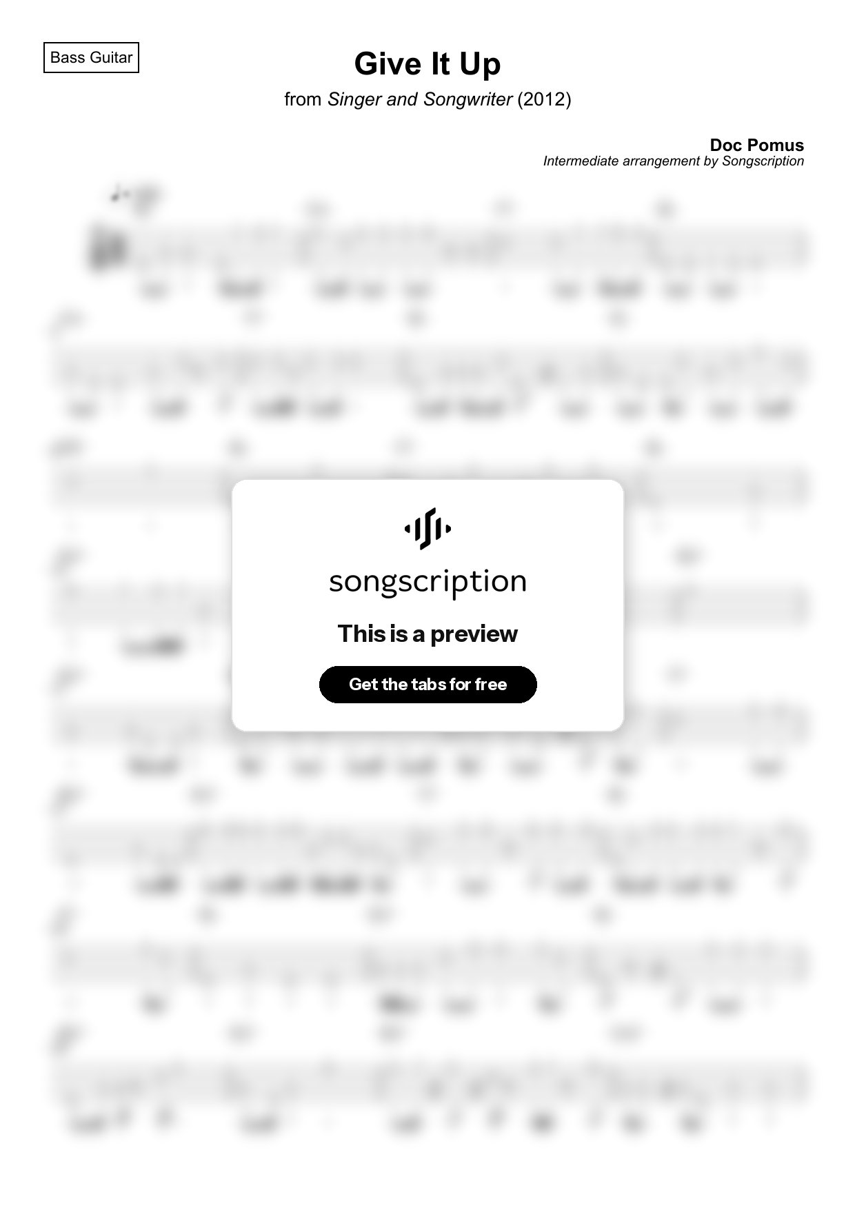 Intermediate Bass Guitar Tabs for "Give It Up" by Doc Pomus