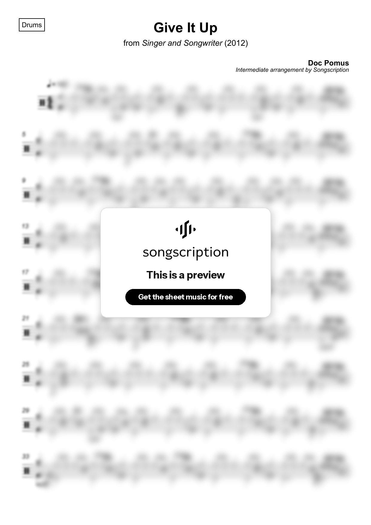 Intermediate Drums Sheet Music for "Give It Up" by Doc Pomus