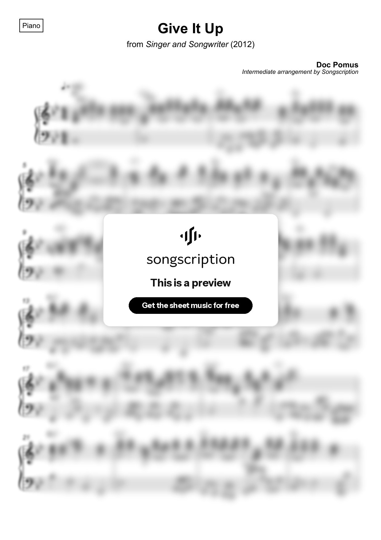 Intermediate Piano Sheet Music for "Give It Up" by Doc Pomus