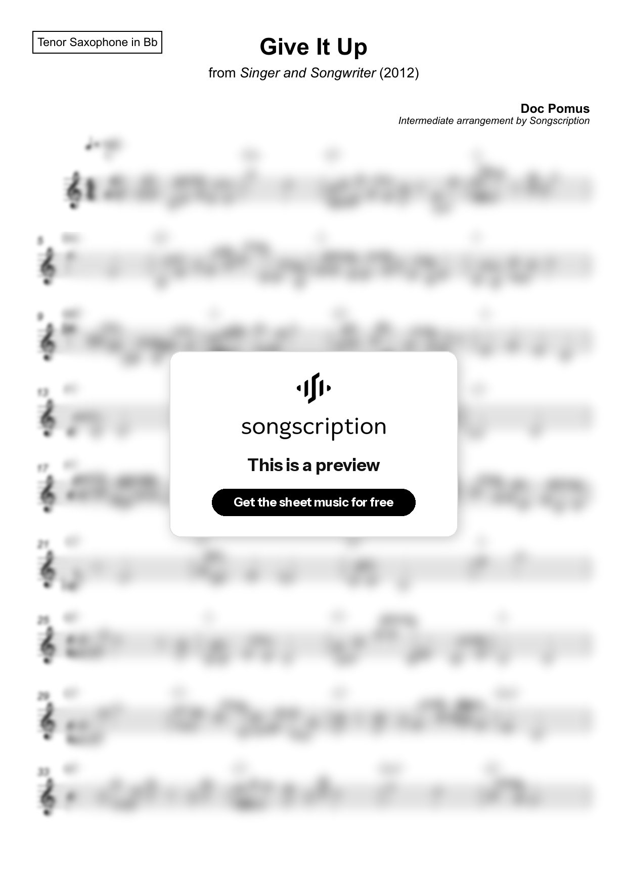 Intermediate Tenor Sax Sheet Music for "Give It Up" by Doc Pomus