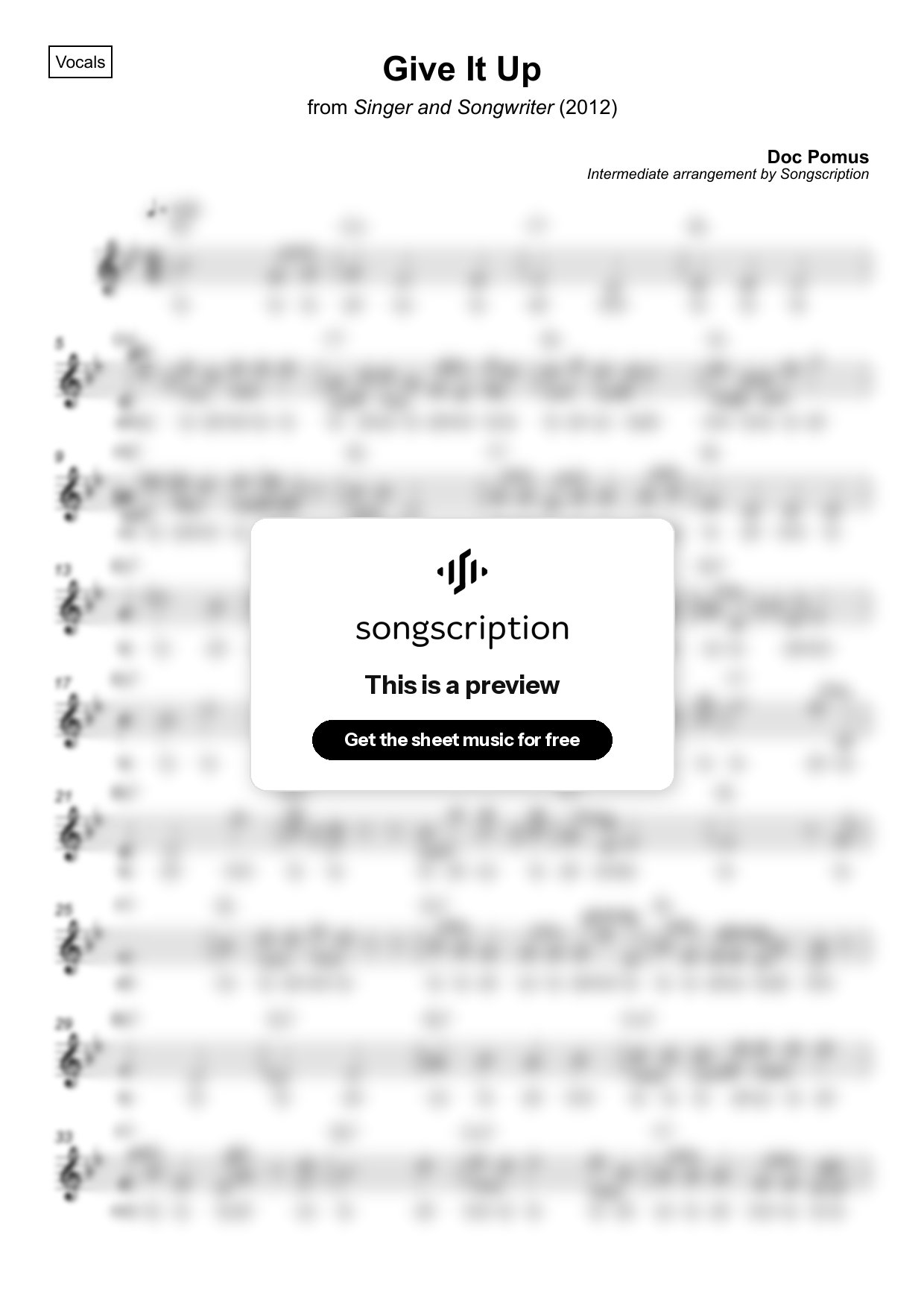 Intermediate Vocals Sheet Music for "Give It Up" by Doc Pomus