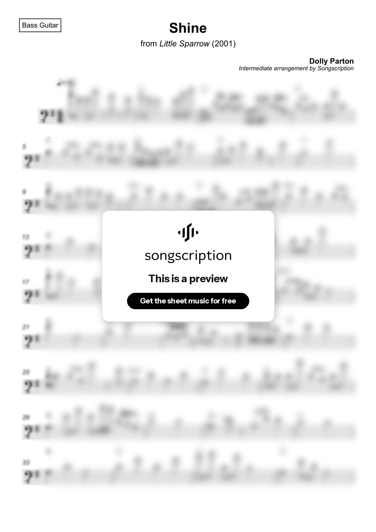 Intermediate Bass Guitar Sheet Music for "Shine" by Dolly Parton