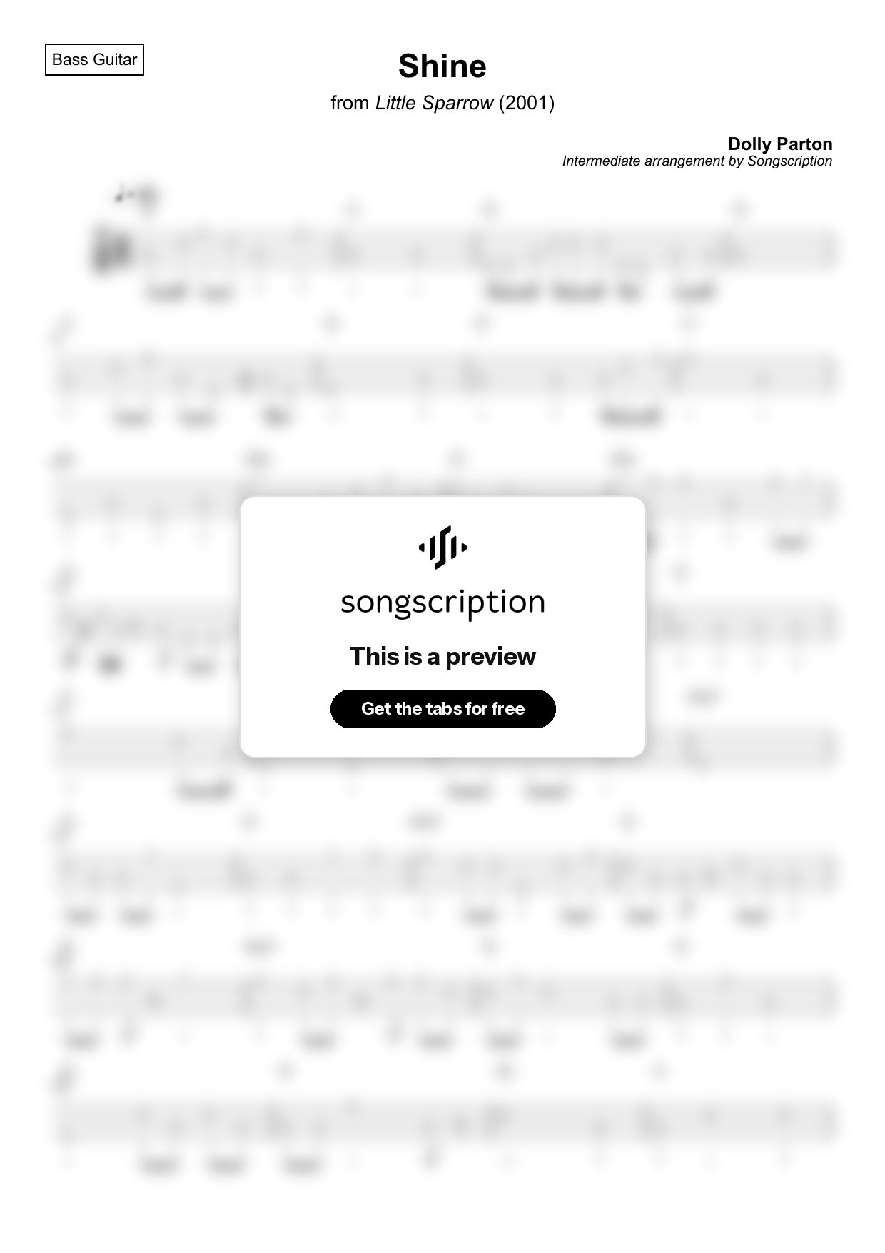 Intermediate Bass Guitar Tabs for "Shine" by Dolly Parton
