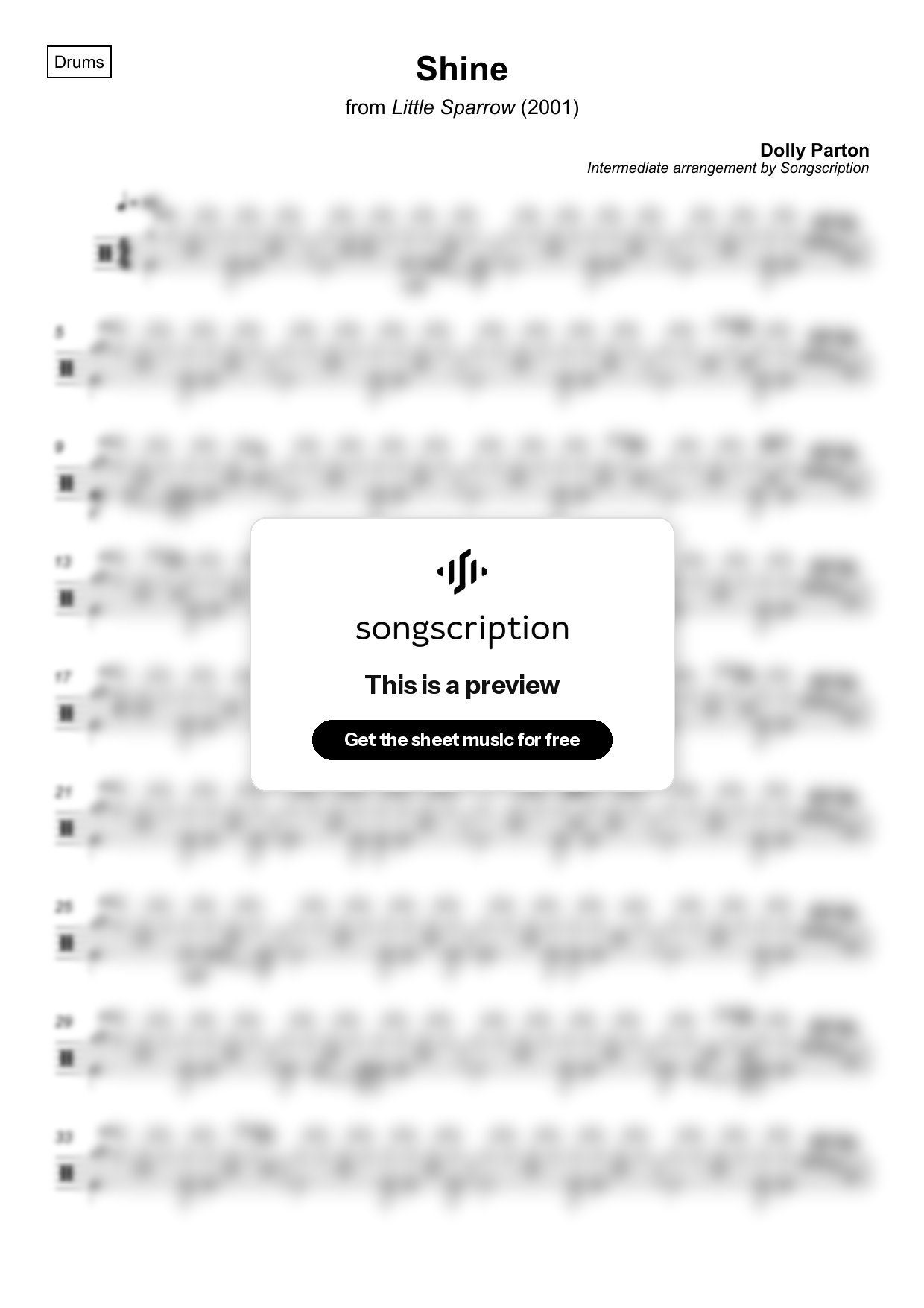 Intermediate Drums Sheet Music for "Shine" by Dolly Parton
