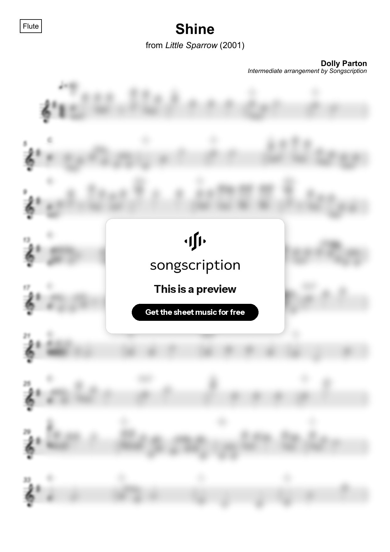 Intermediate Flute Sheet Music for "Shine" by Dolly Parton