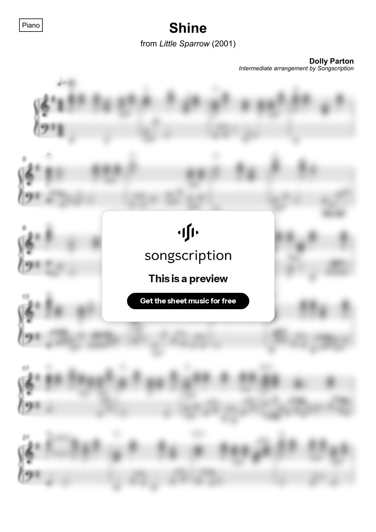 Intermediate Piano Sheet Music for "Shine" by Dolly Parton