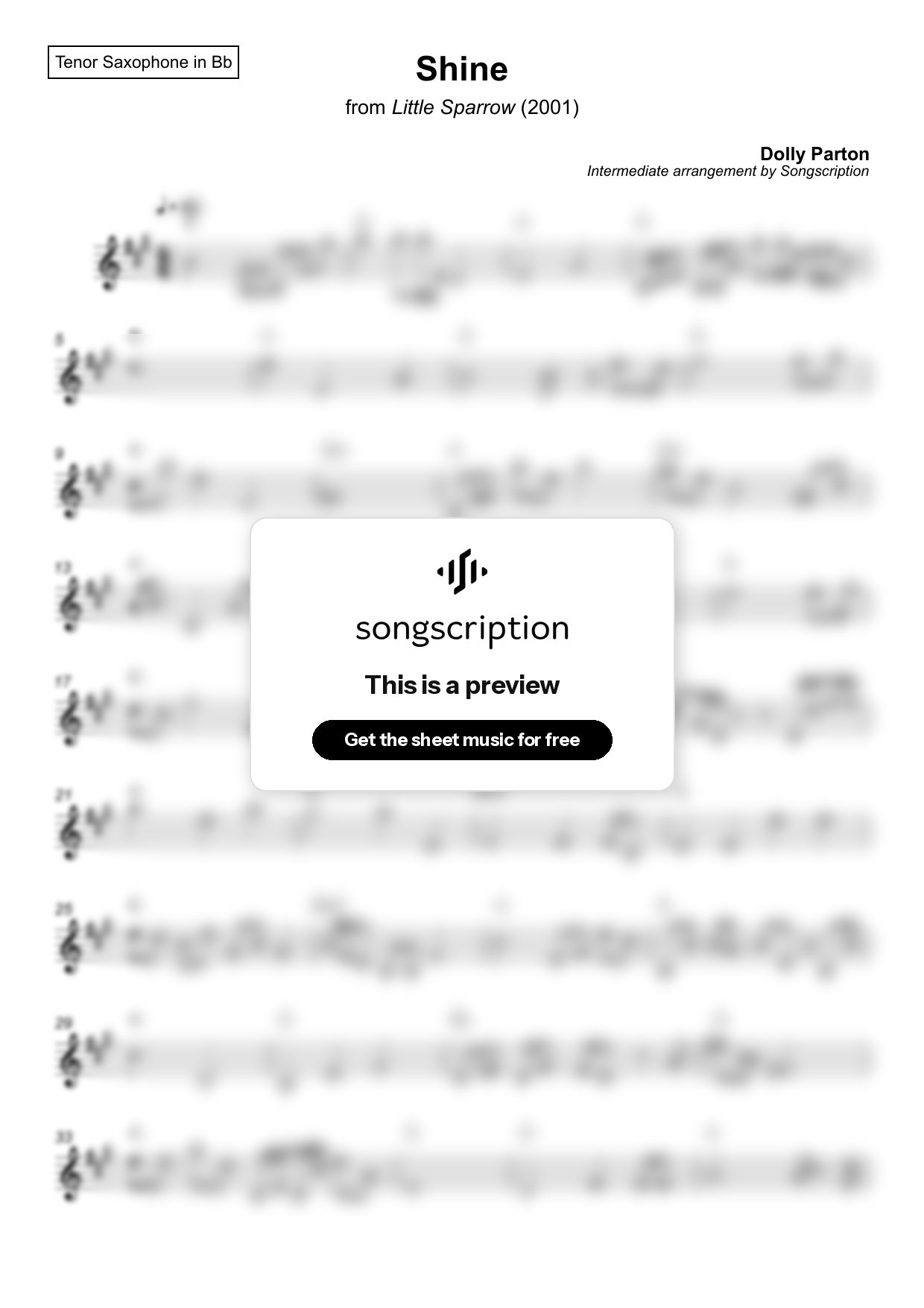 Intermediate Tenor Sax Sheet Music for "Shine" by Dolly Parton