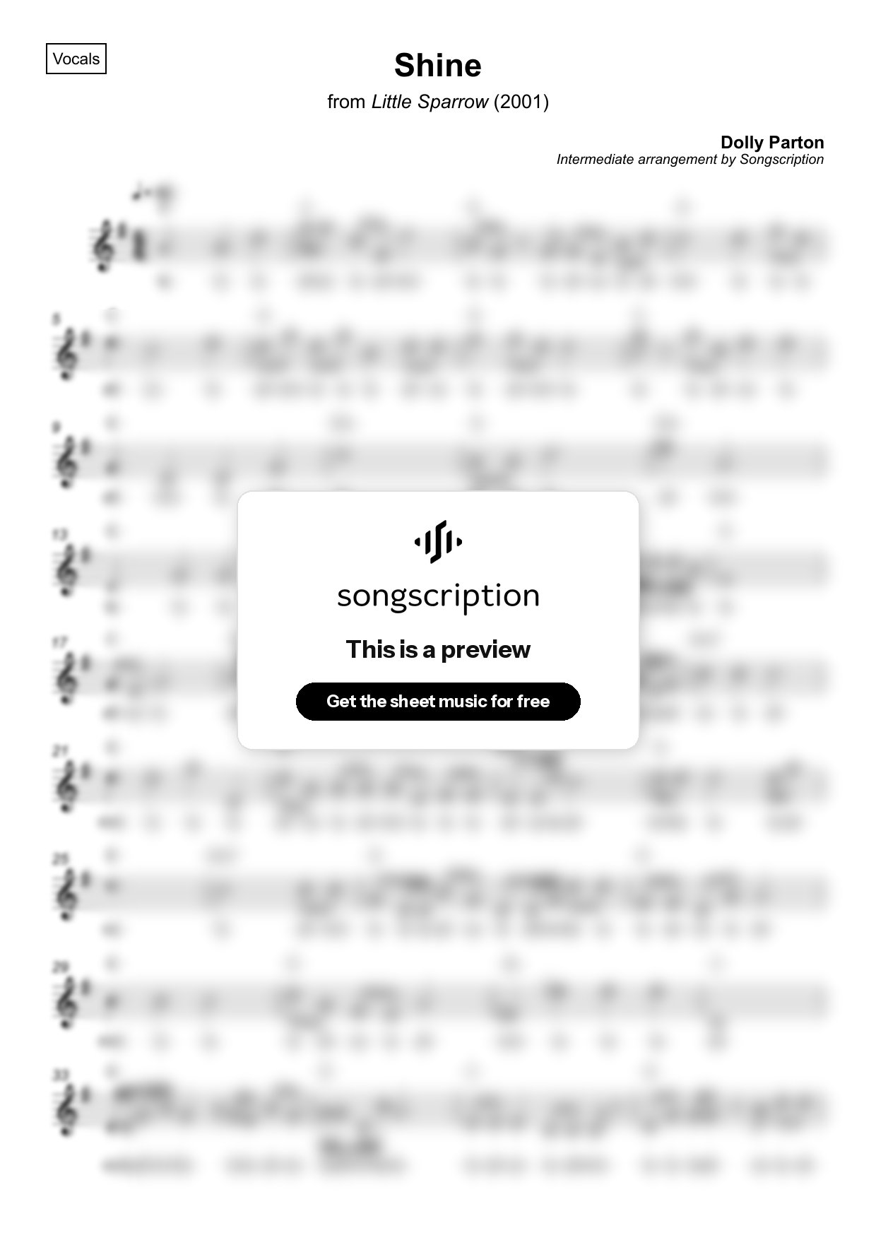 Intermediate Vocals Sheet Music for "Shine" by Dolly Parton
