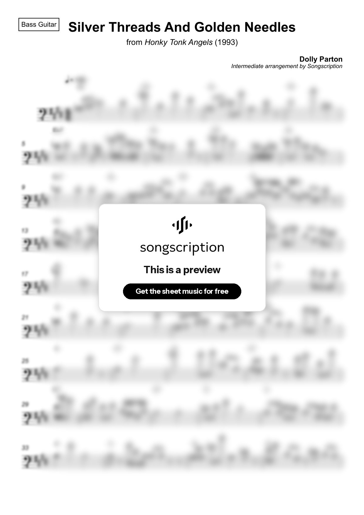 Intermediate Bass Guitar Sheet Music for "Silver Threads And Golden Needles" by Dolly Parton