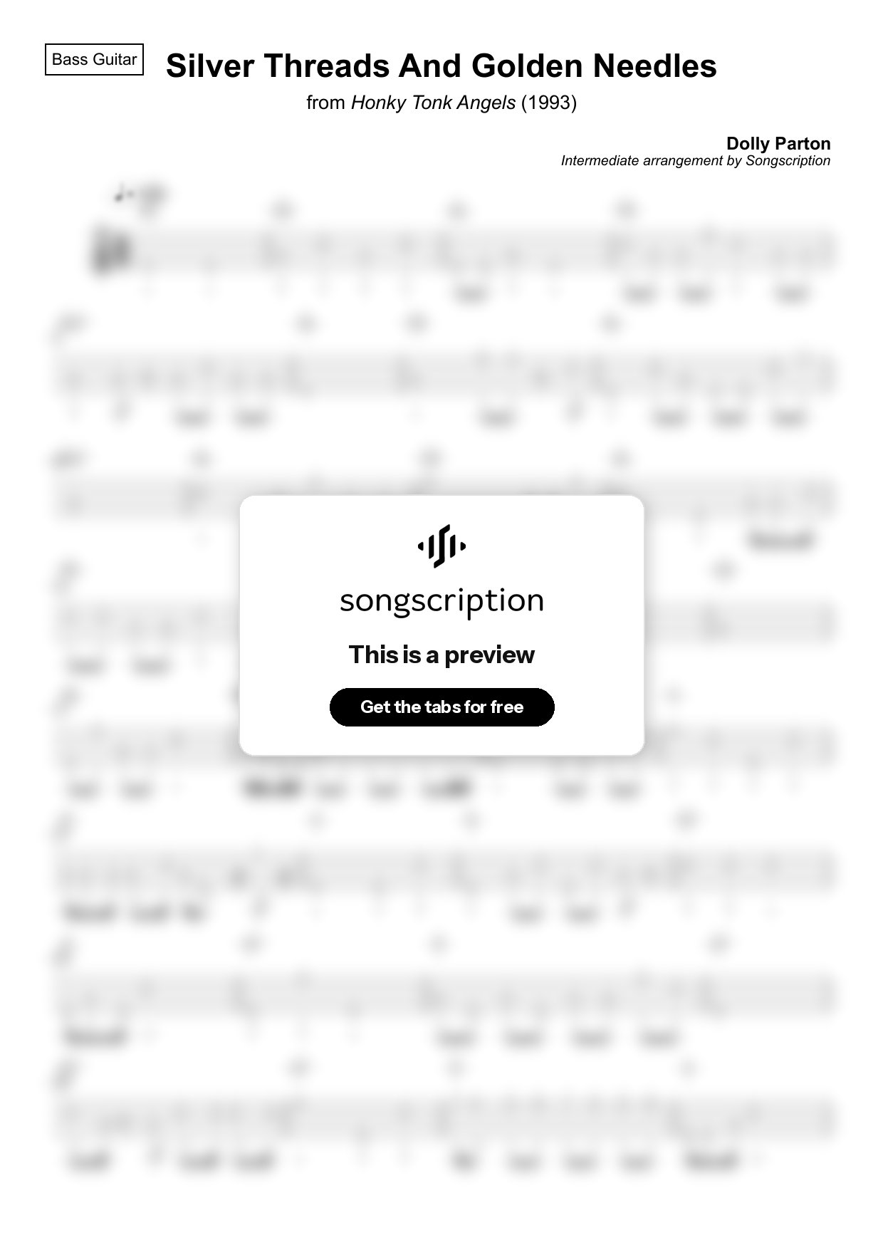 Intermediate Bass Guitar Tabs for "Silver Threads And Golden Needles" by Dolly Parton