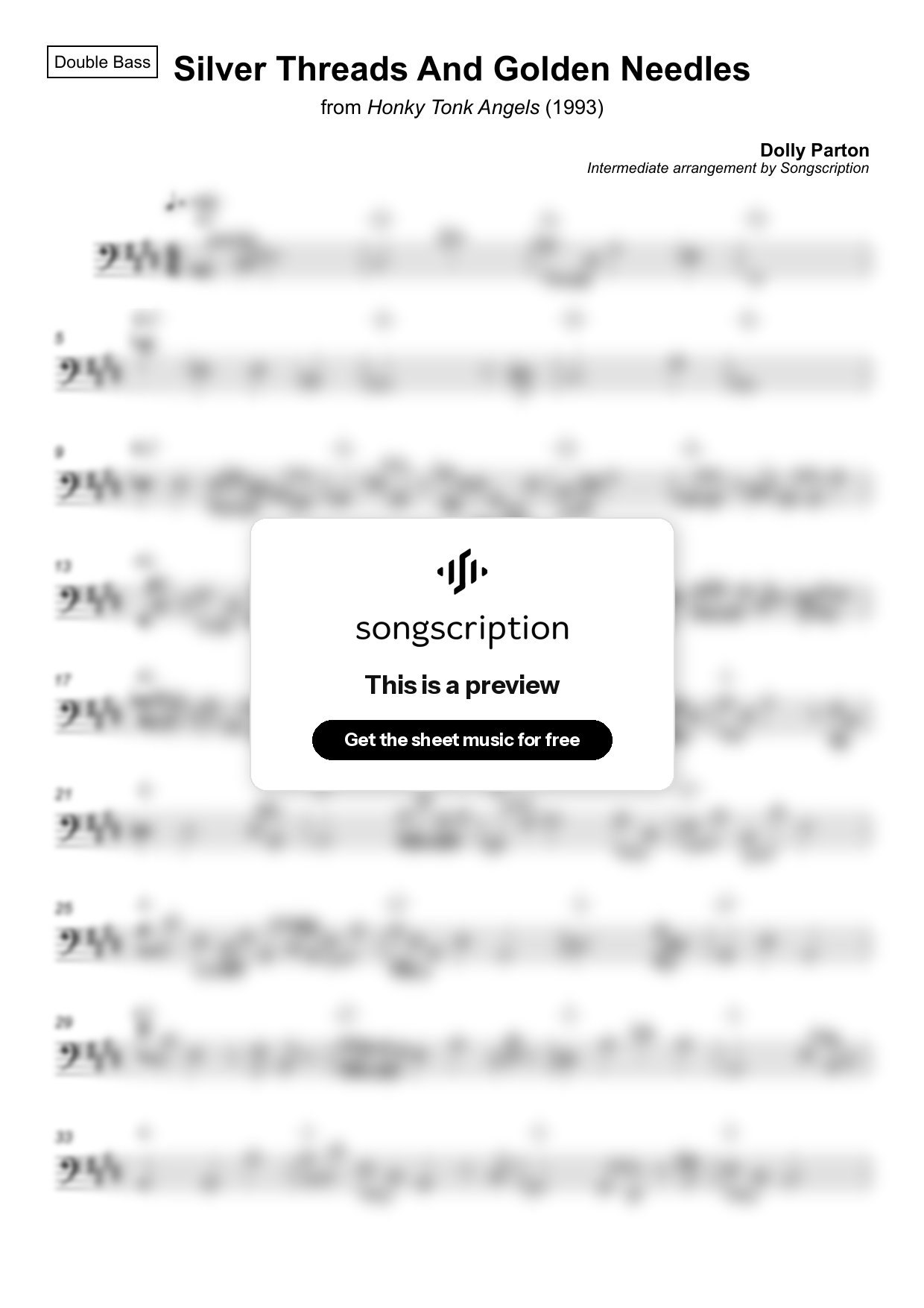 Intermediate Double Bass Sheet Music for "Silver Threads And Golden Needles" by Dolly Parton