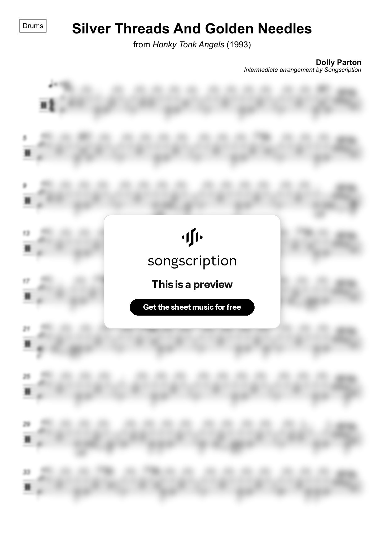 Intermediate Drums Sheet Music for "Silver Threads And Golden Needles" by Dolly Parton
