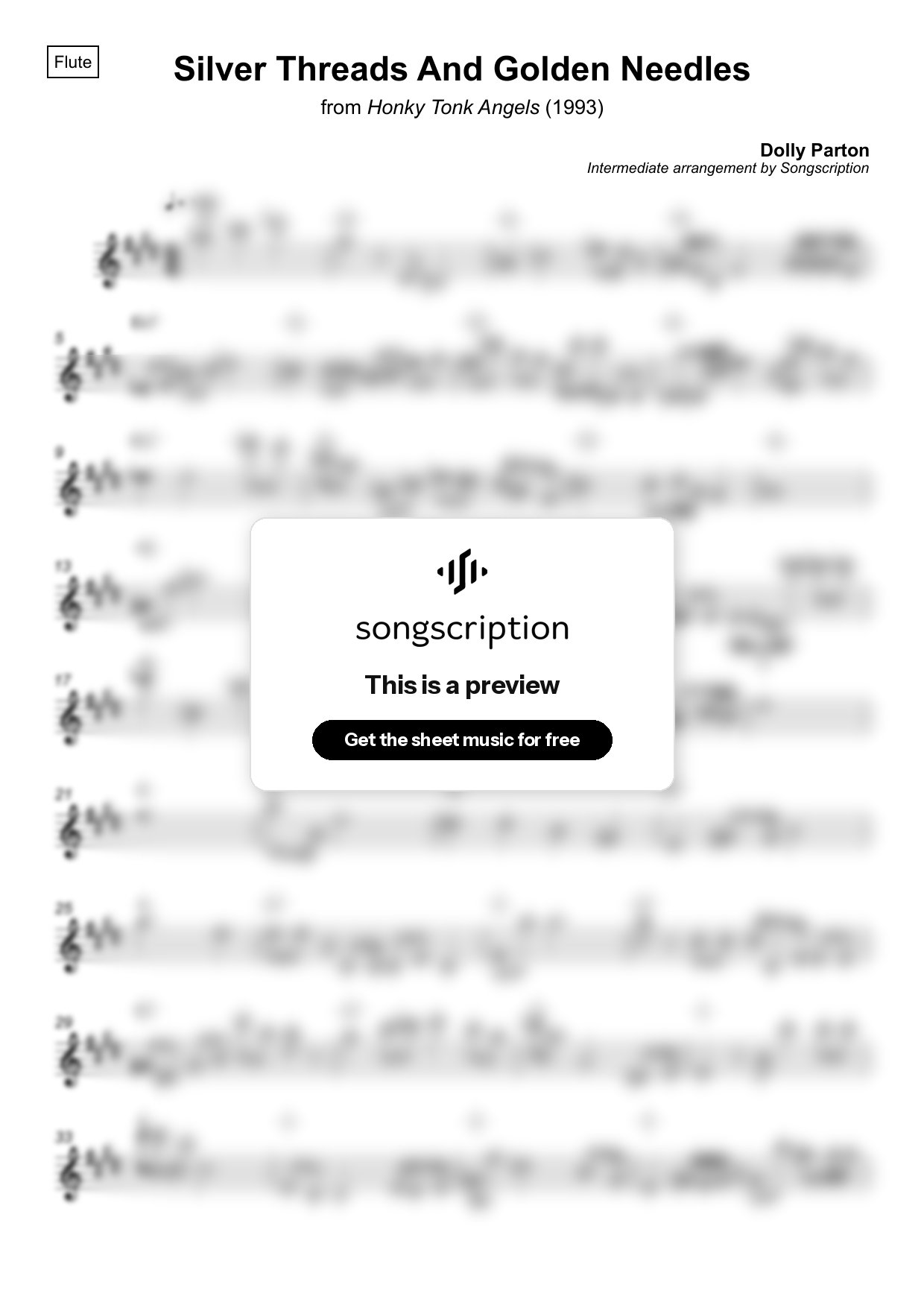 Intermediate Flute Sheet Music for "Silver Threads And Golden Needles" by Dolly Parton