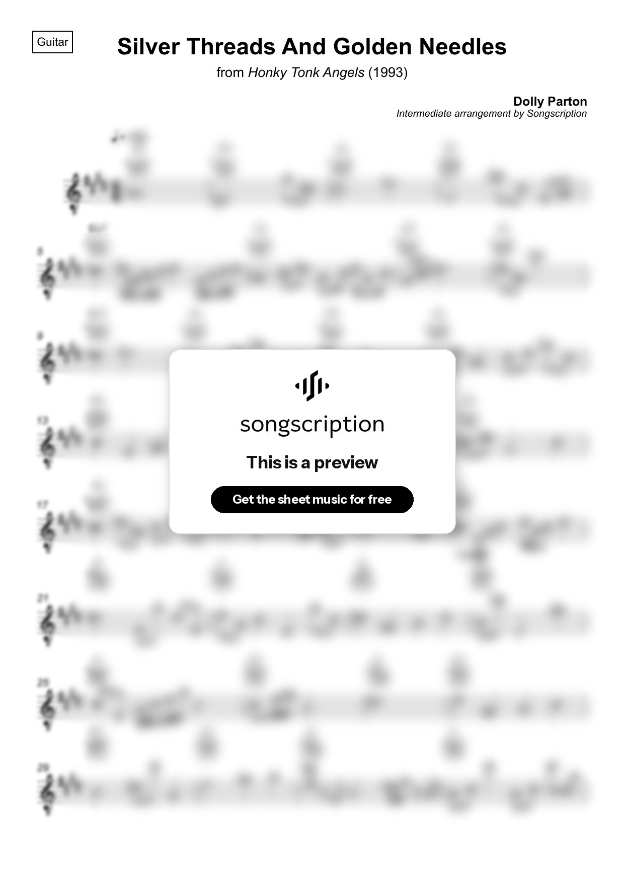 Intermediate Acoustic Guitar Sheet Music for "Silver Threads And Golden Needles" by Dolly Parton