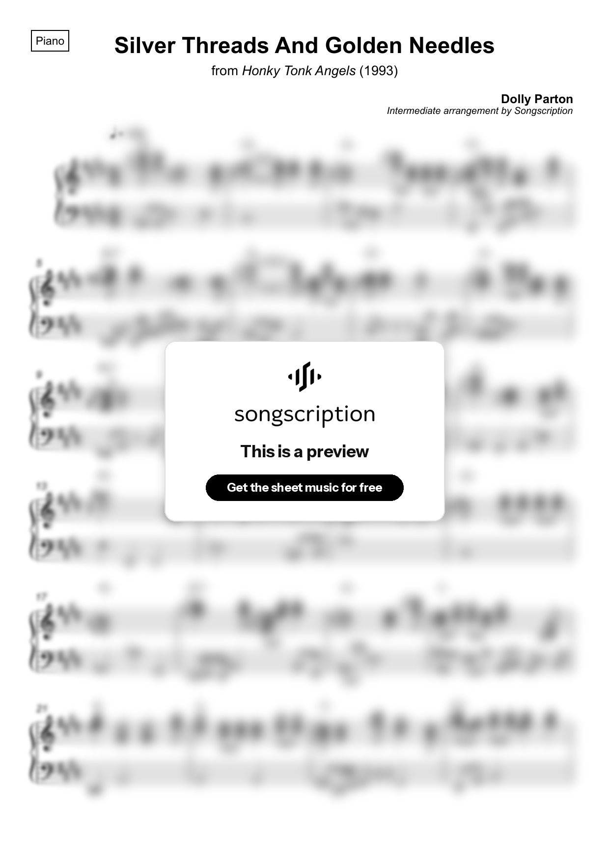 Intermediate Piano Sheet Music for "Silver Threads And Golden Needles" by Dolly Parton