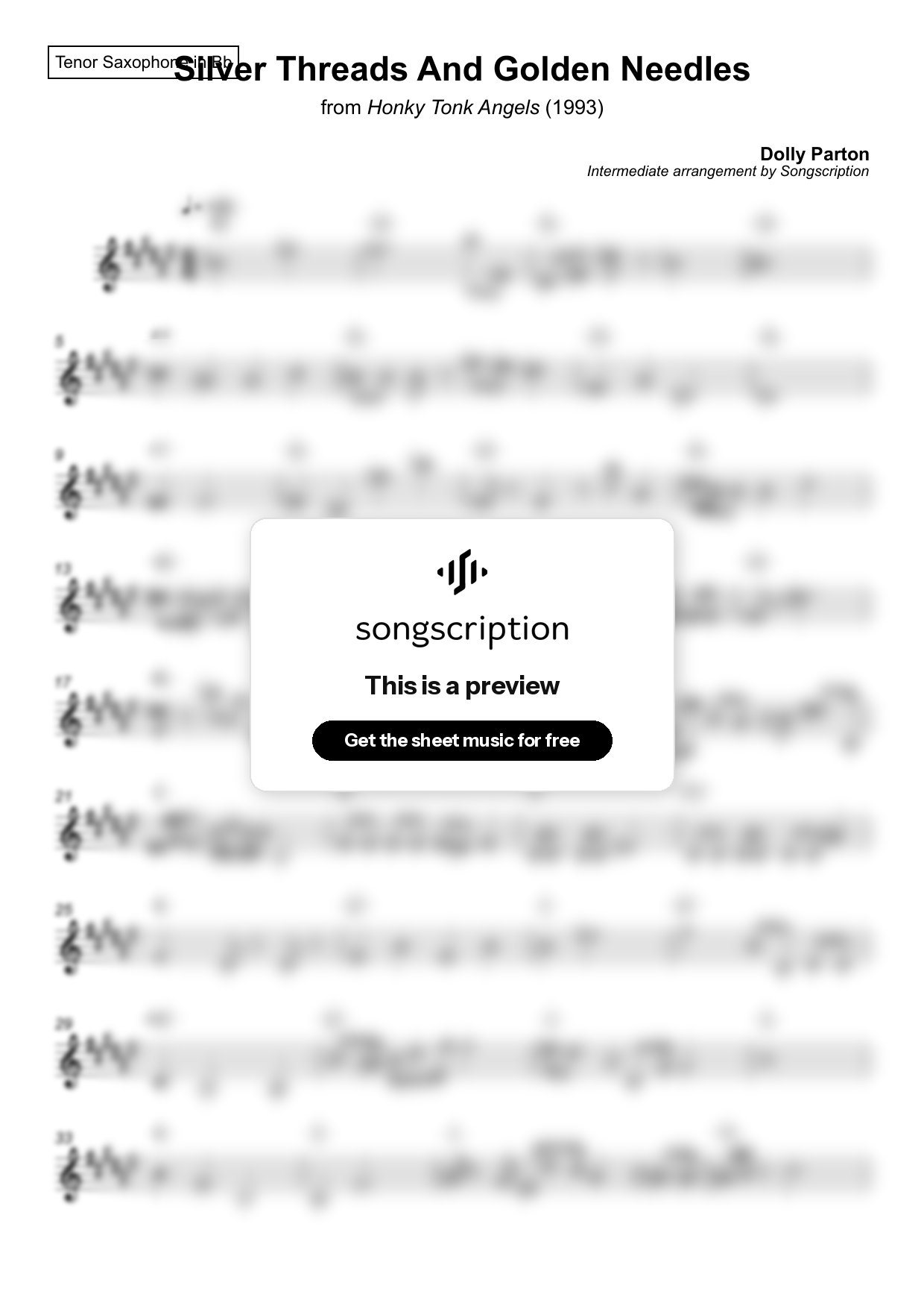 Intermediate Tenor Sax Sheet Music for "Silver Threads And Golden Needles" by Dolly Parton