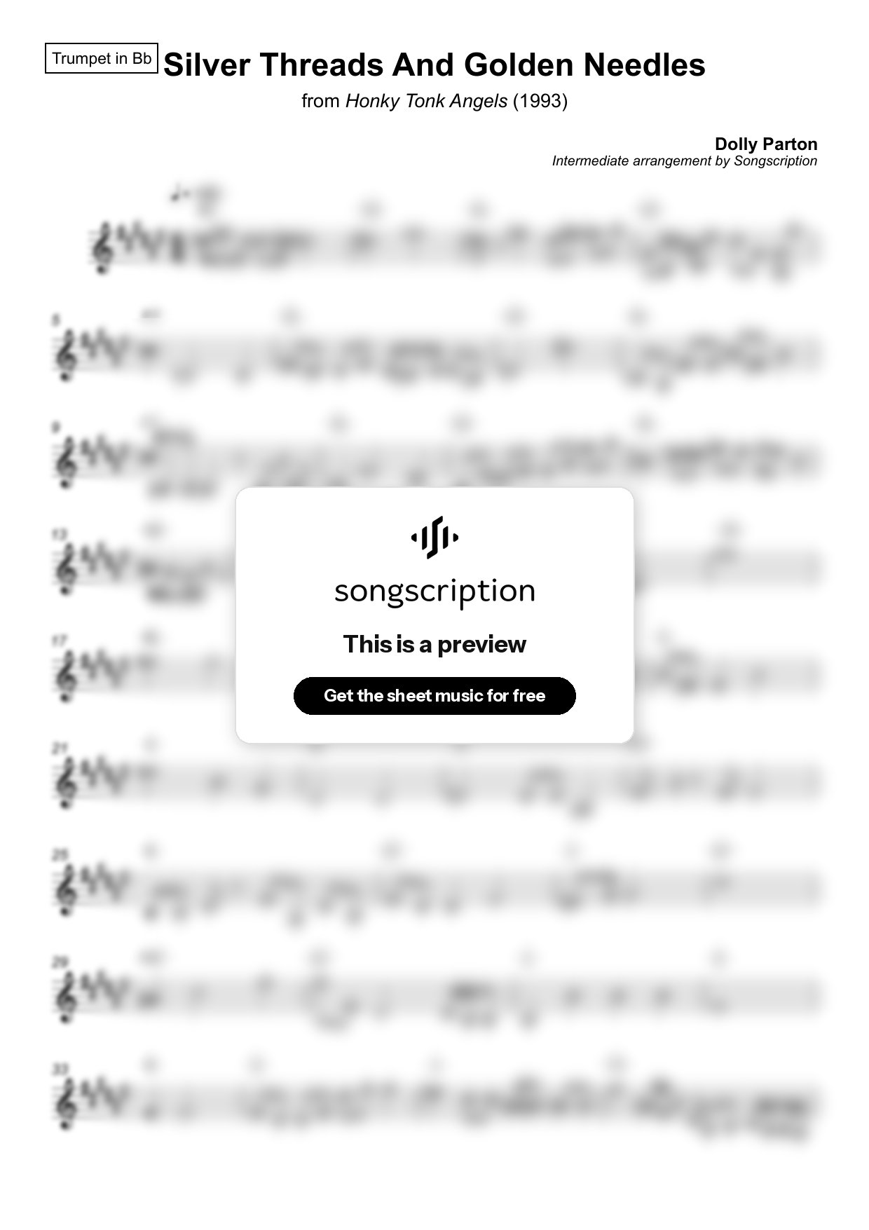 Intermediate Trumpet Sheet Music for "Silver Threads And Golden Needles" by Dolly Parton