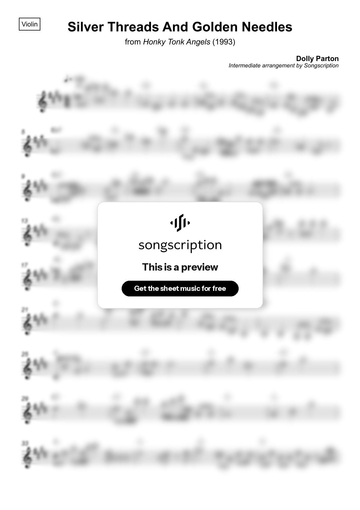 Intermediate Violin Sheet Music for "Silver Threads And Golden Needles" by Dolly Parton