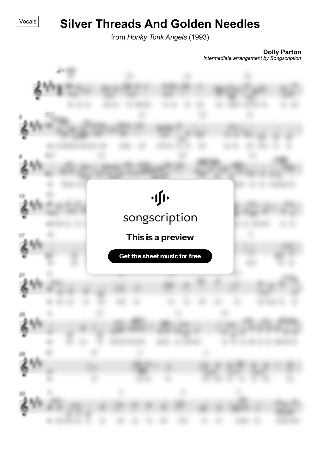 Intermediate Vocals Sheet Music for "Silver Threads And Golden Needles" by Dolly Parton