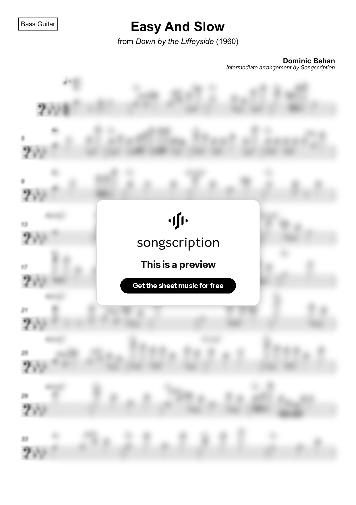 Intermediate Bass Guitar Sheet Music for "Easy And Slow" by Dominic Behan