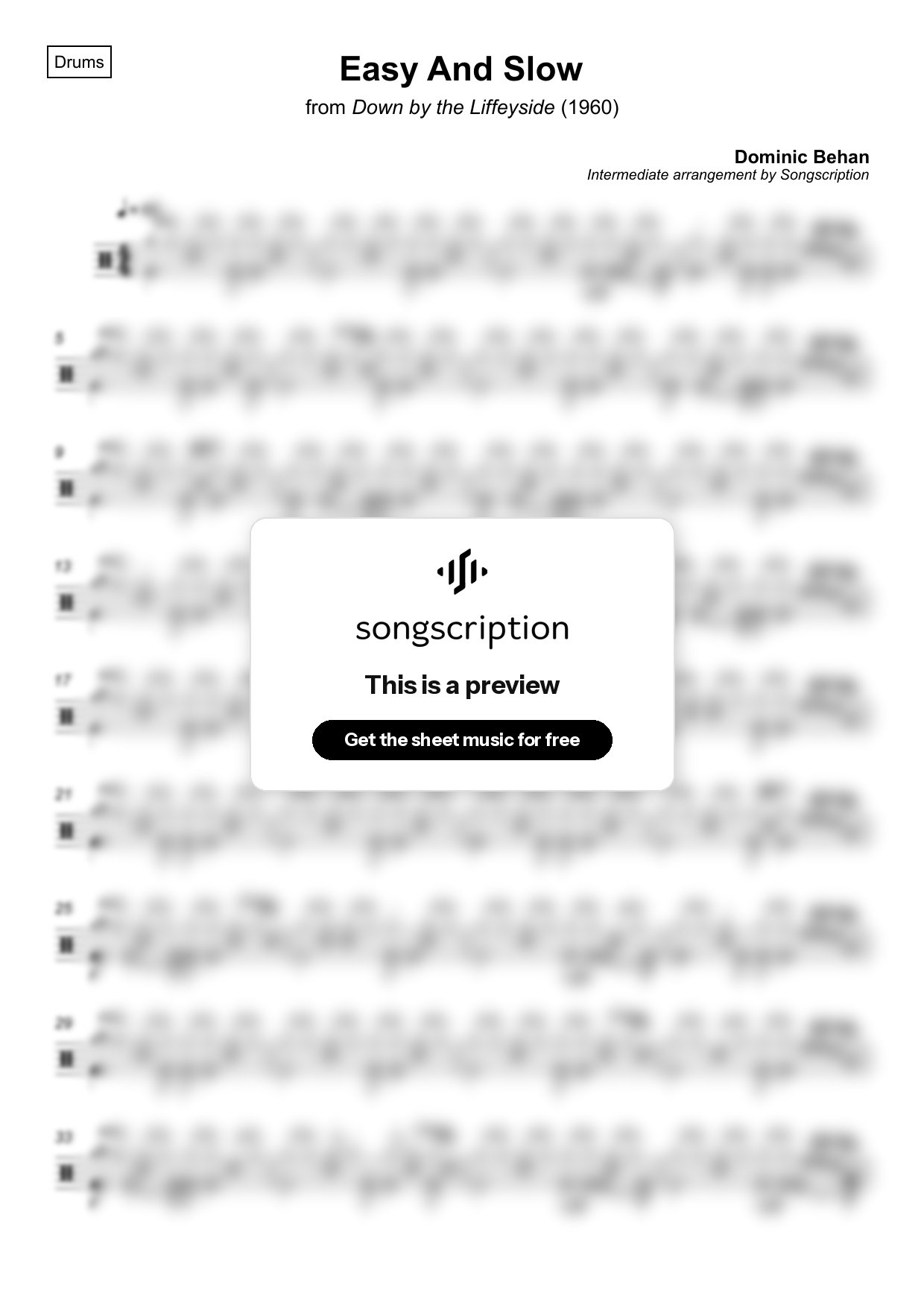 Intermediate Drums Sheet Music for "Easy And Slow" by Dominic Behan