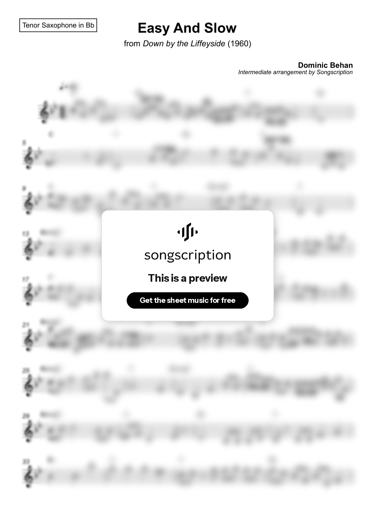 Intermediate Tenor Sax Sheet Music for "Easy And Slow" by Dominic Behan