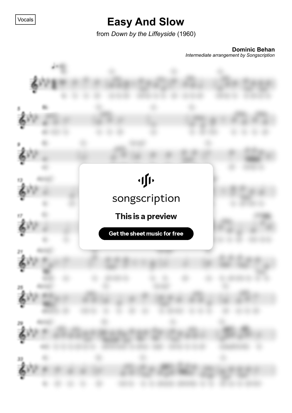 Intermediate Vocals Sheet Music for "Easy And Slow" by Dominic Behan