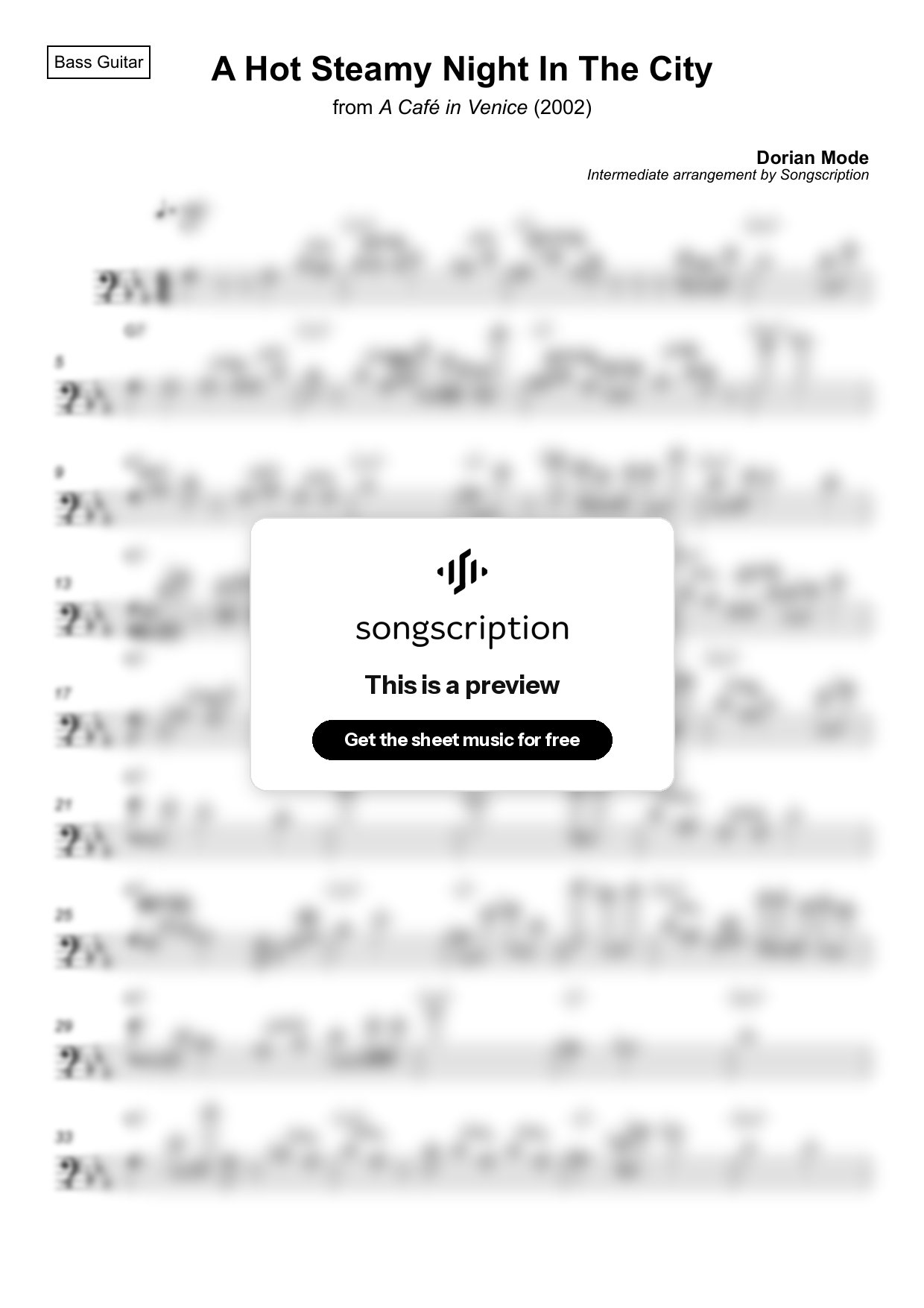 Intermediate Bass Guitar Sheet Music for "A Hot Steamy Night In The City" by Dorian Mode