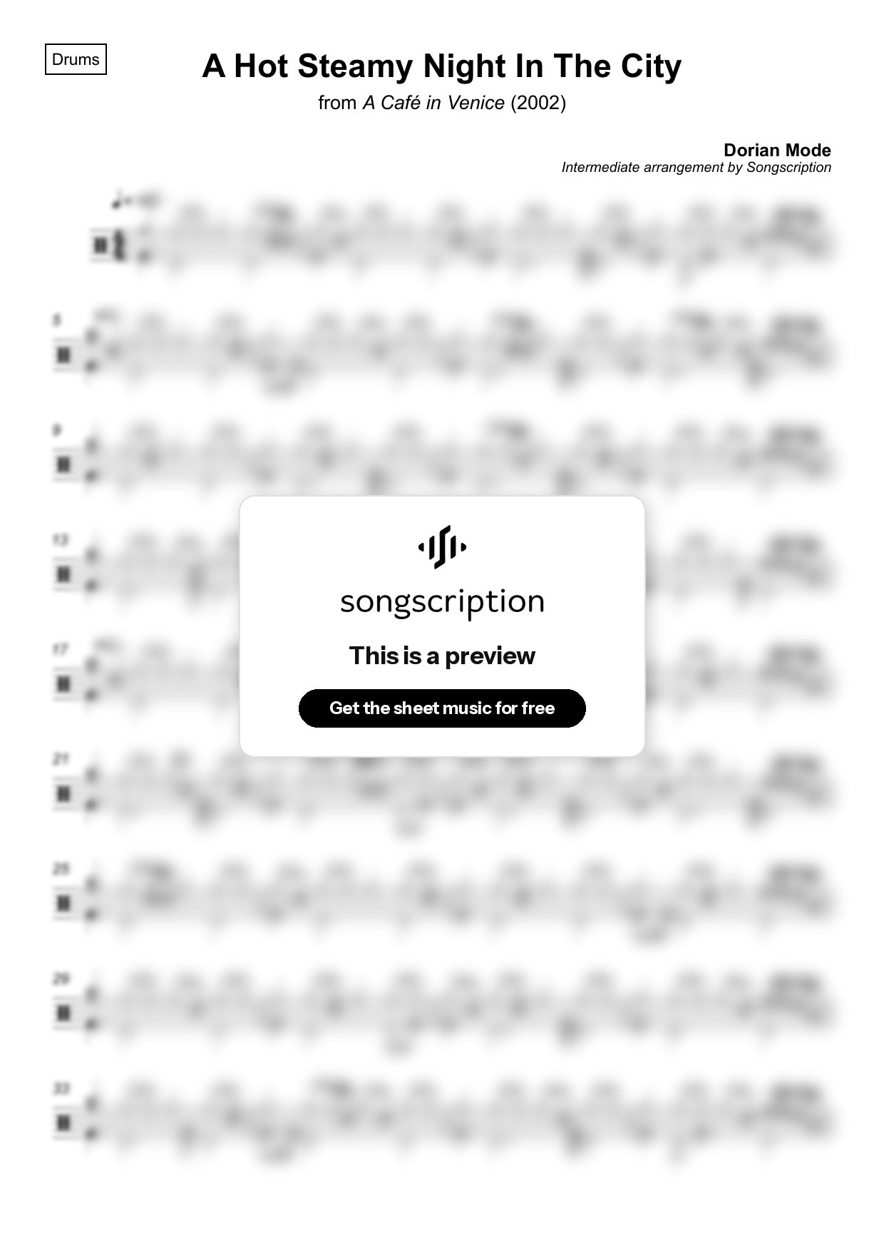 Intermediate Drums Sheet Music for "A Hot Steamy Night In The City" by Dorian Mode