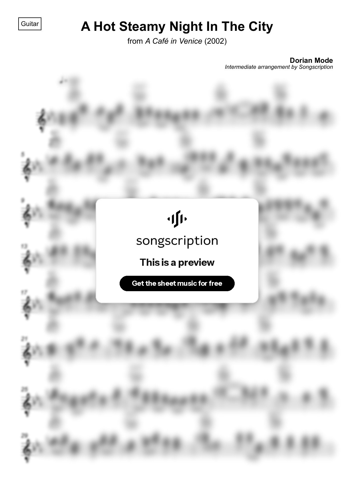 Intermediate Acoustic Guitar Sheet Music for "A Hot Steamy Night In The City" by Dorian Mode