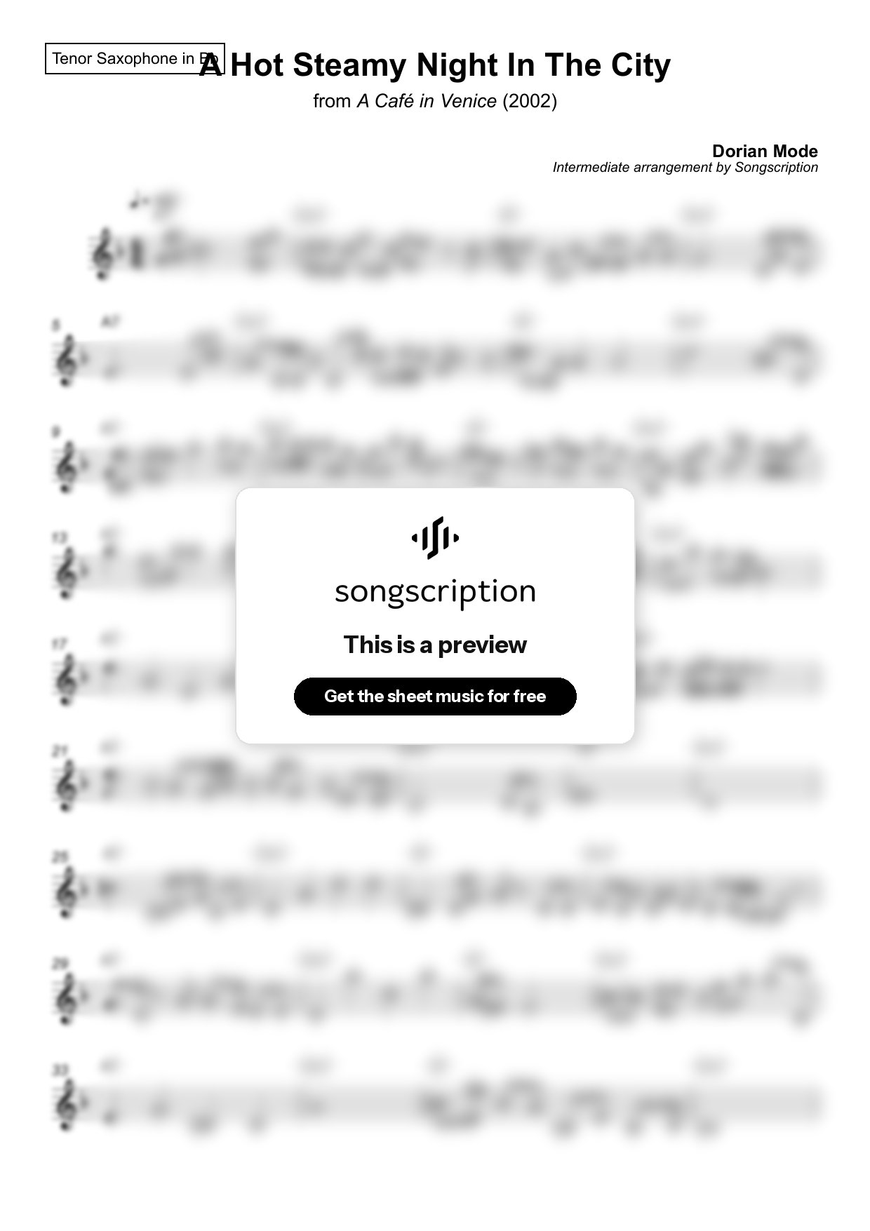 Intermediate Tenor Sax Sheet Music for "A Hot Steamy Night In The City" by Dorian Mode