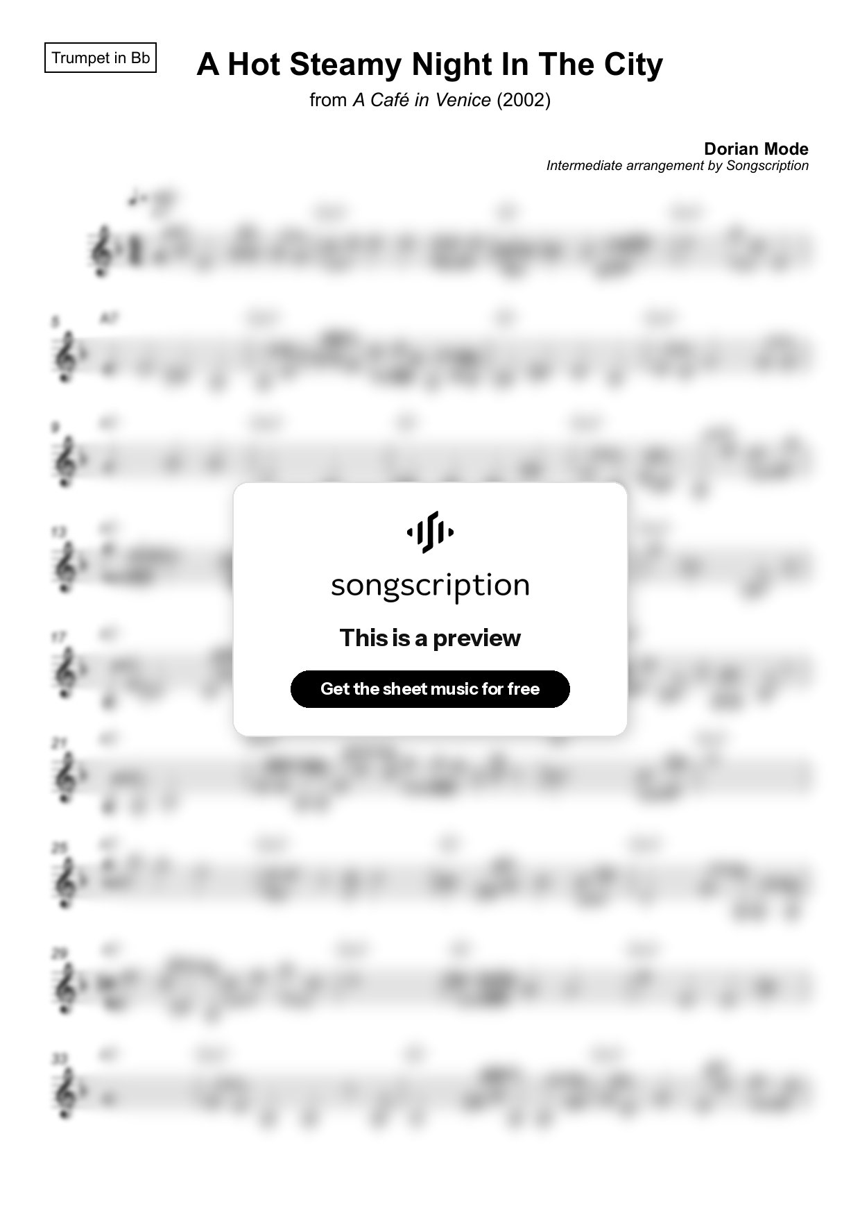 Intermediate Trumpet Sheet Music for "A Hot Steamy Night In The City" by Dorian Mode